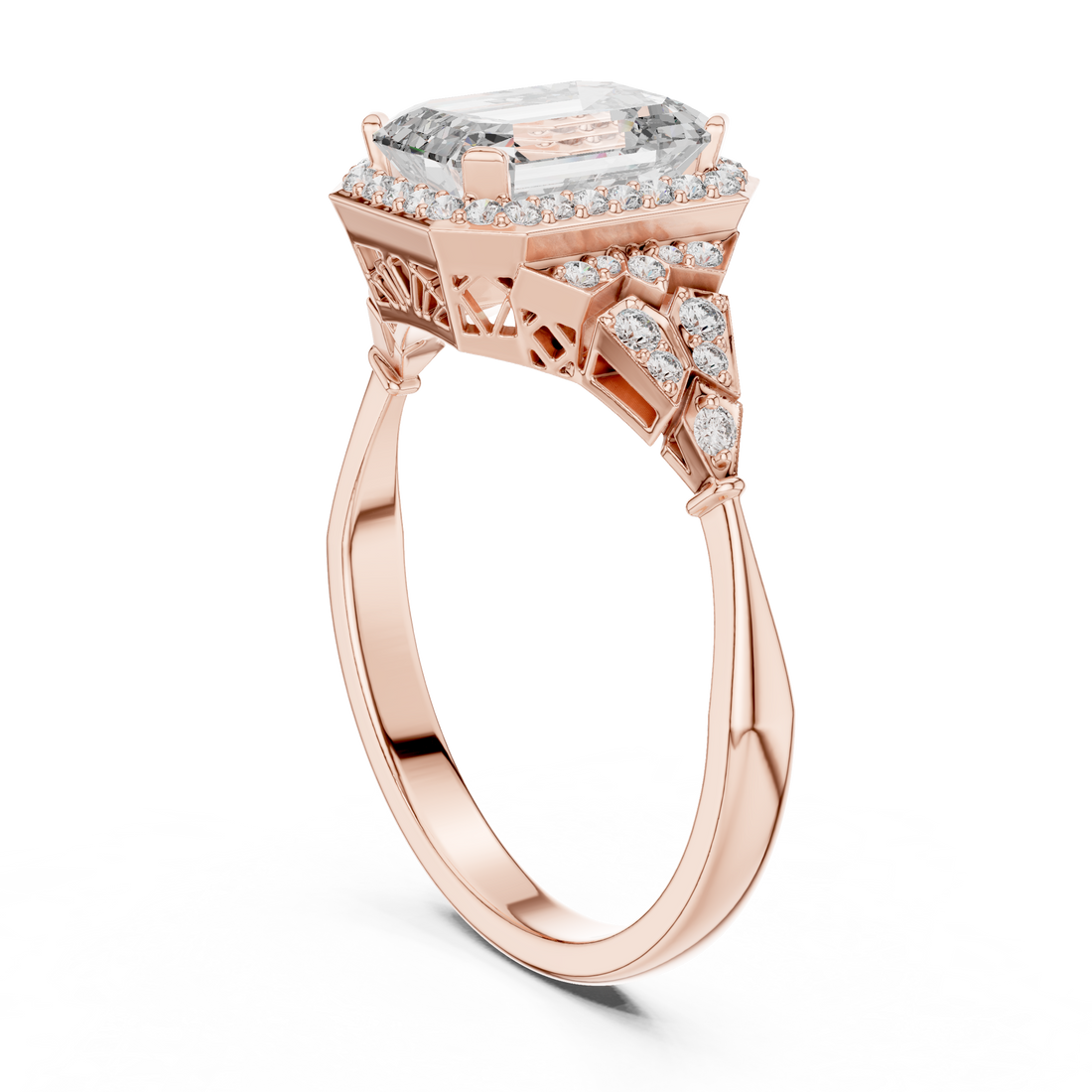 Emerald Cut Diamond Halo Ring with Sculpted Side Stone Accents