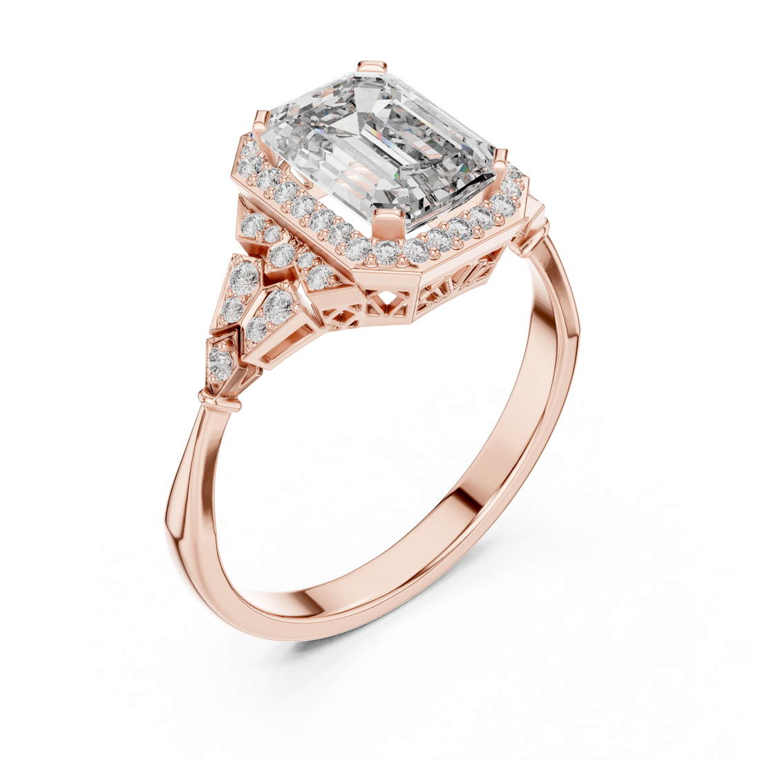 Emerald Cut Diamond Halo Ring with Sculpted Side Stone Accents