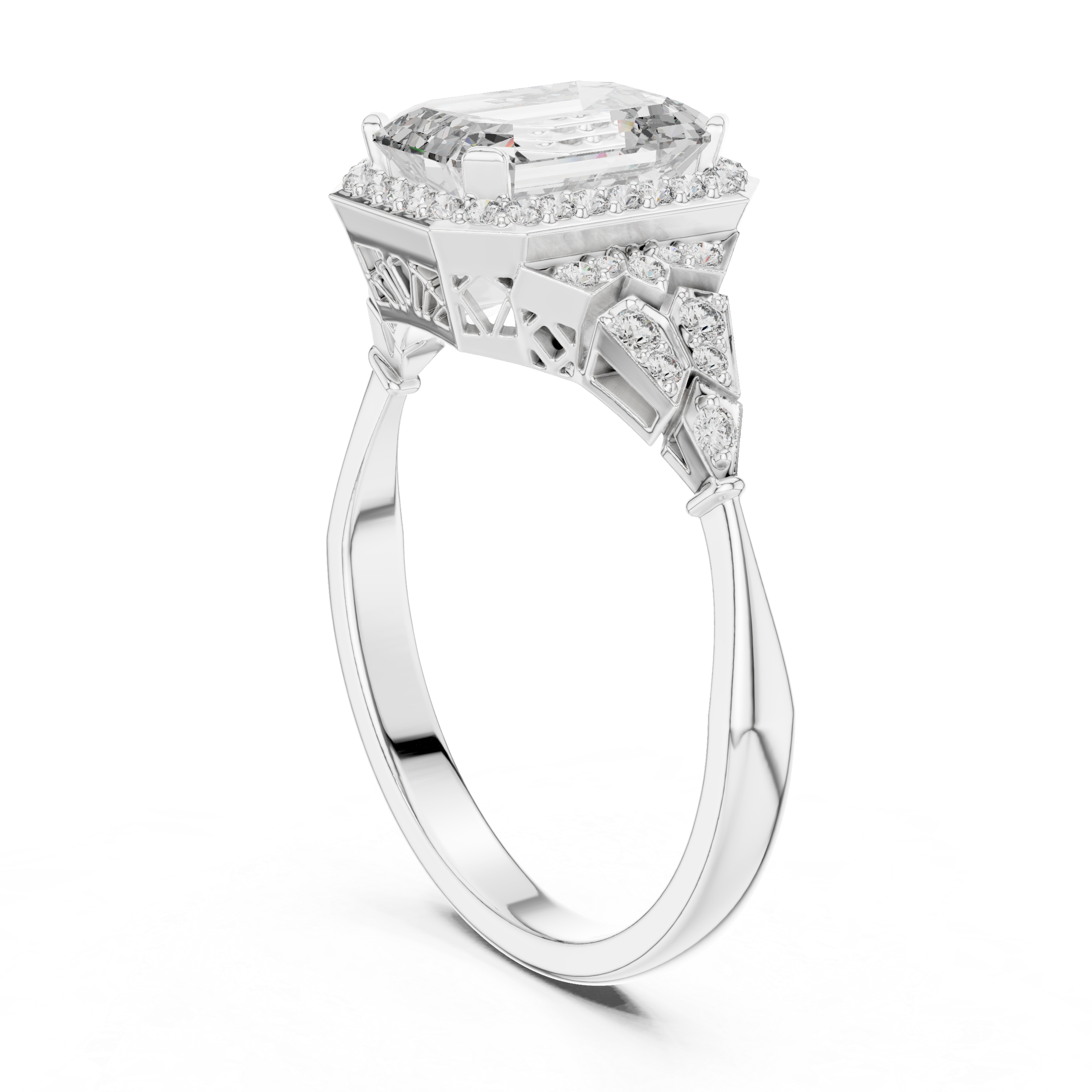 Emerald Cut Diamond Halo Ring with Sculpted Side Stone Accents