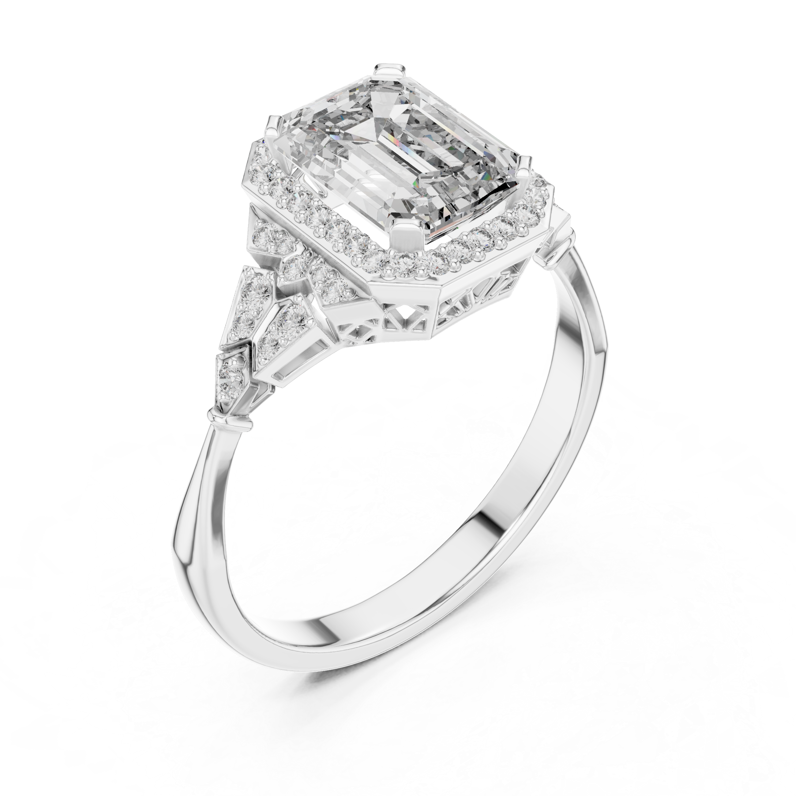 Emerald Cut Diamond Halo Ring with Sculpted Side Stone Accents