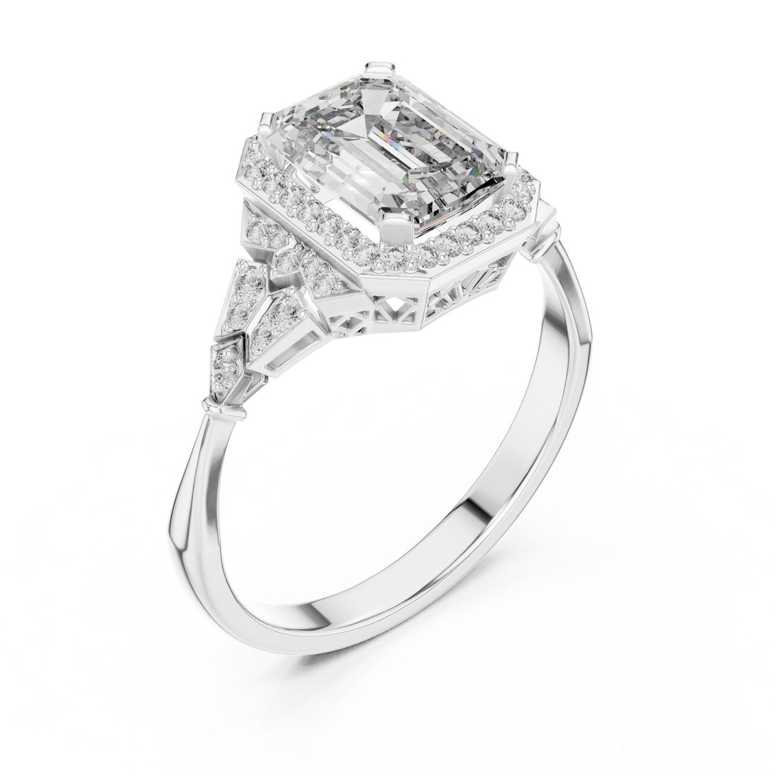 Emerald Cut Diamond Halo Ring with Sculpted Side Stone Accents