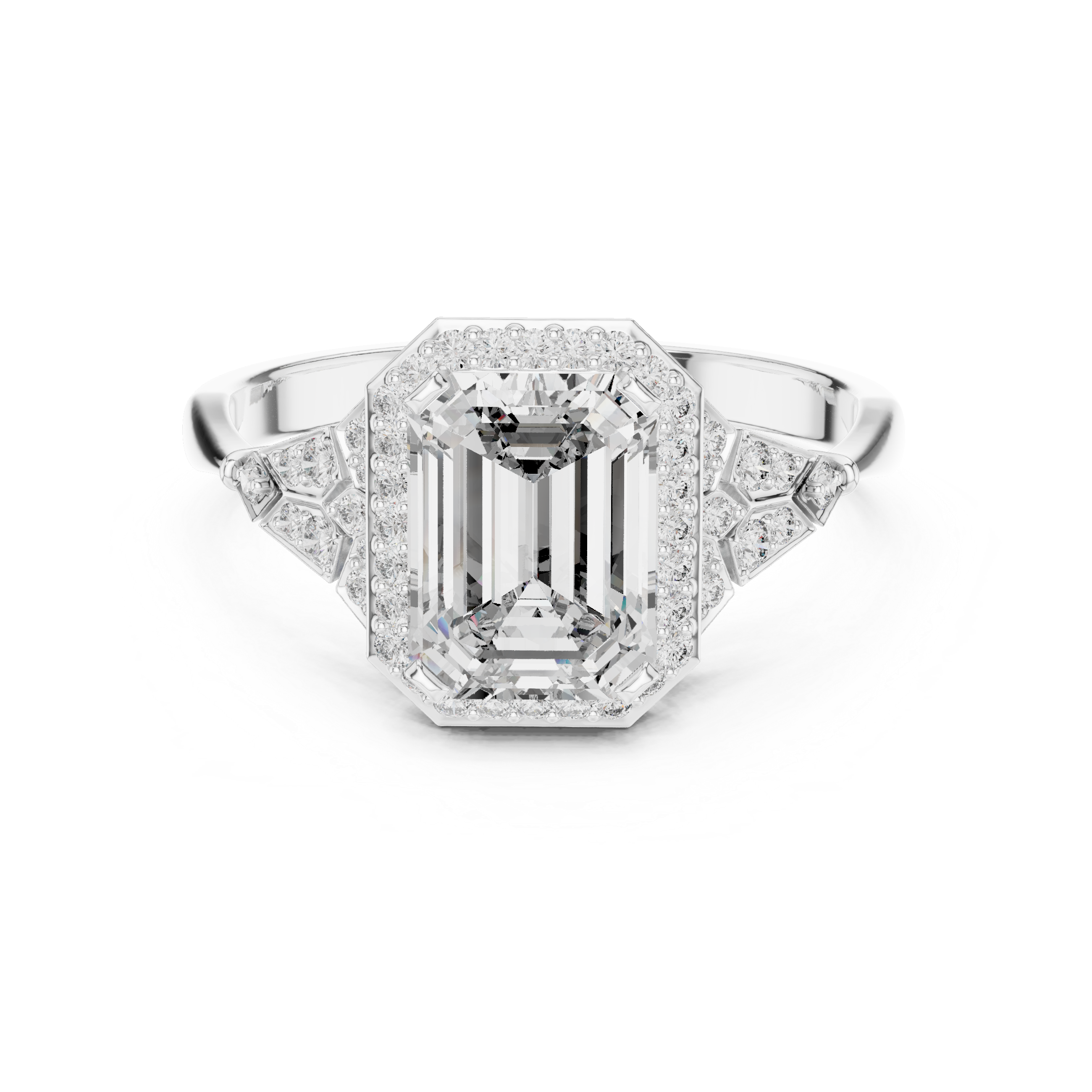 Emerald Cut Diamond Halo Ring with Sculpted Side Stone Accents