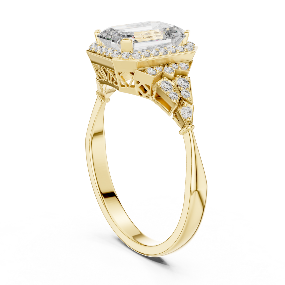 Emerald Cut Diamond Halo Ring with Sculpted Side Stone Accents
