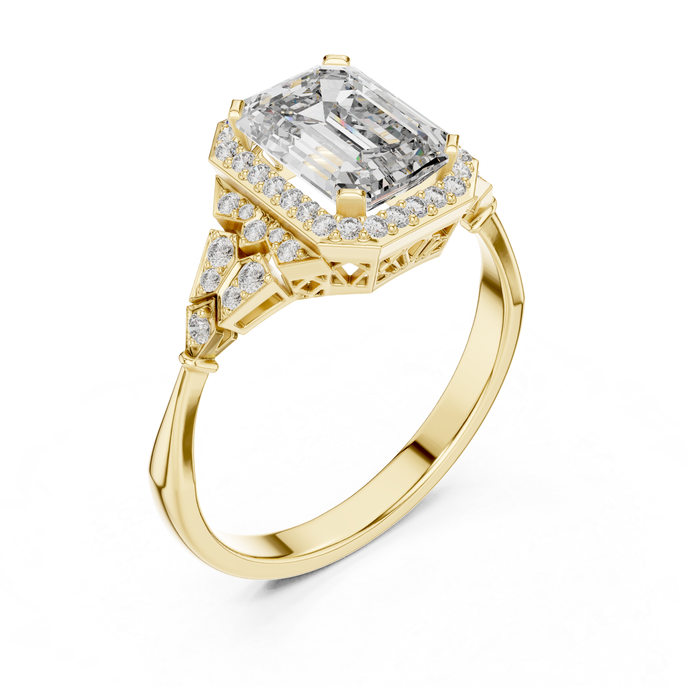 Emerald Cut Diamond Halo Ring with Sculpted Side Stone Accents