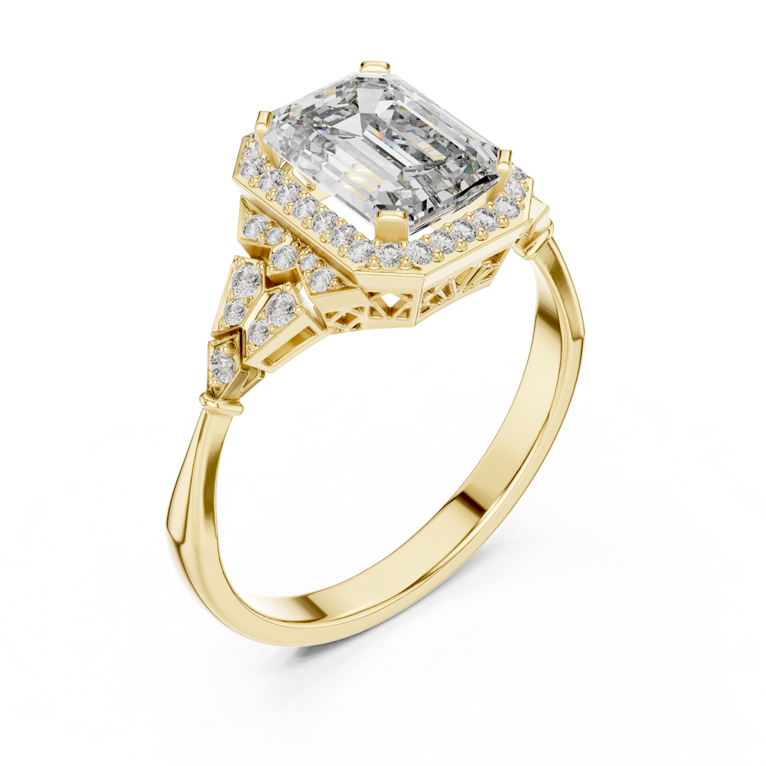 Emerald Cut Diamond Halo Ring with Sculpted Side Stone Accents