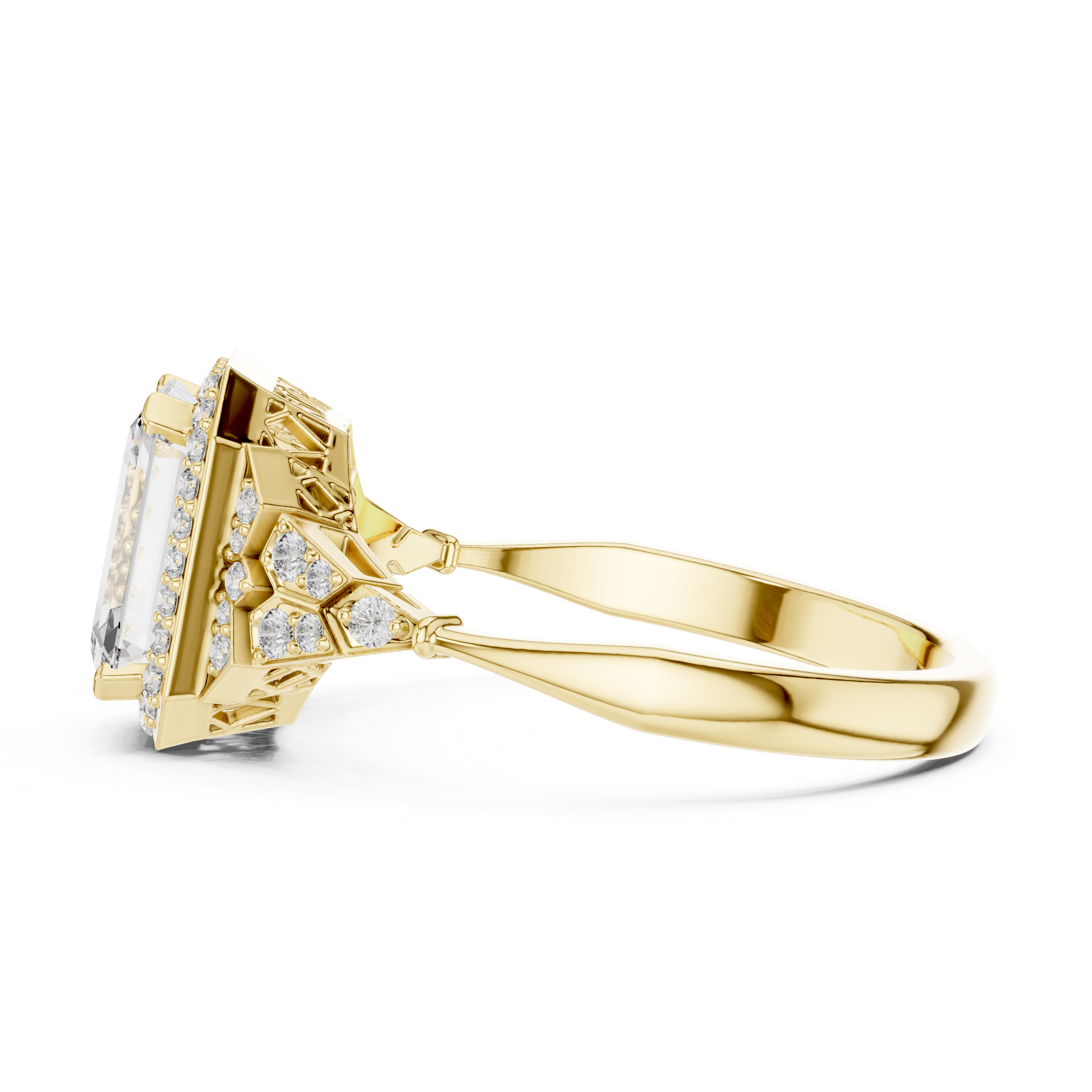 Emerald Cut Diamond Halo Ring with Sculpted Side Stone Accents