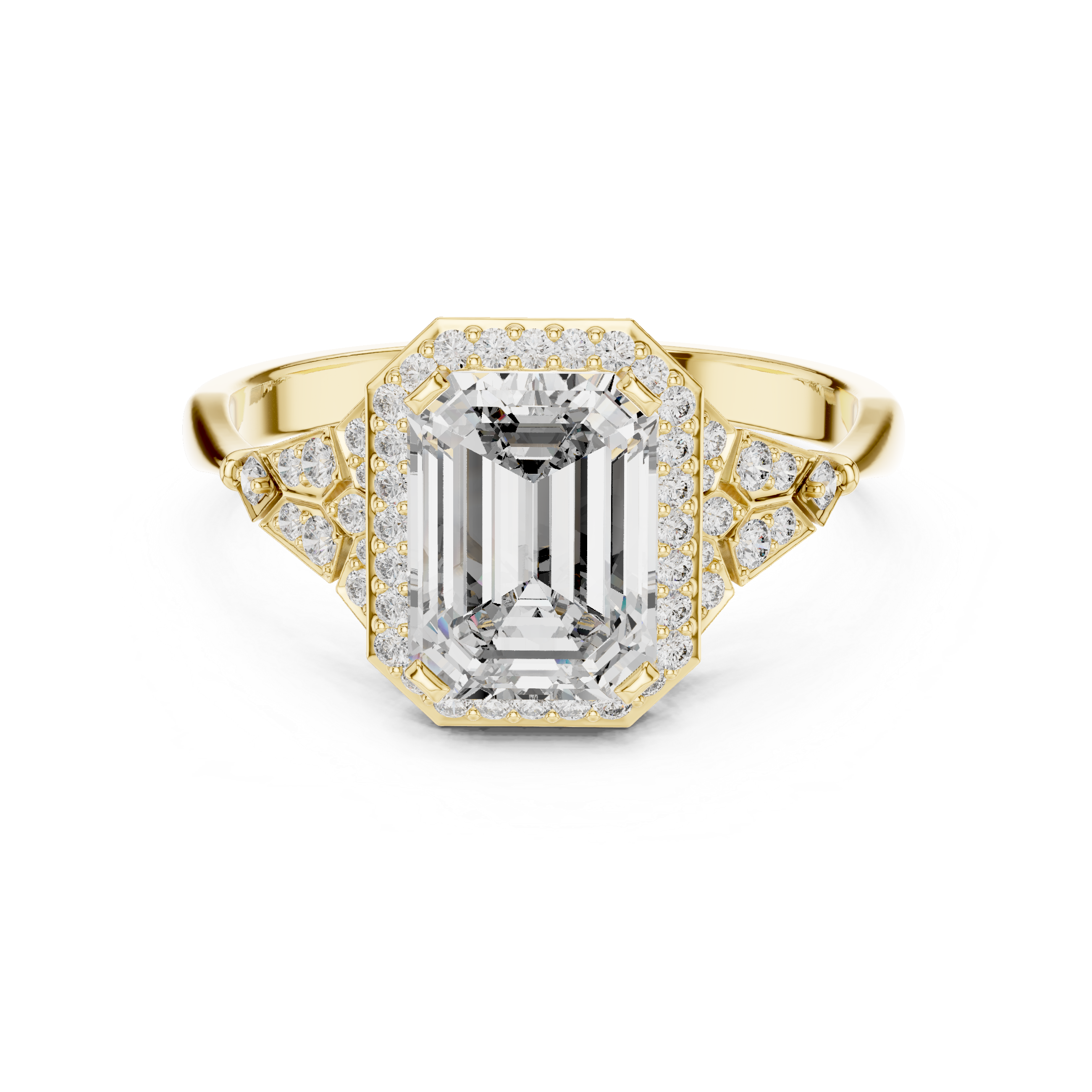 Emerald Cut Diamond Halo Ring with Sculpted Side Stone Accents