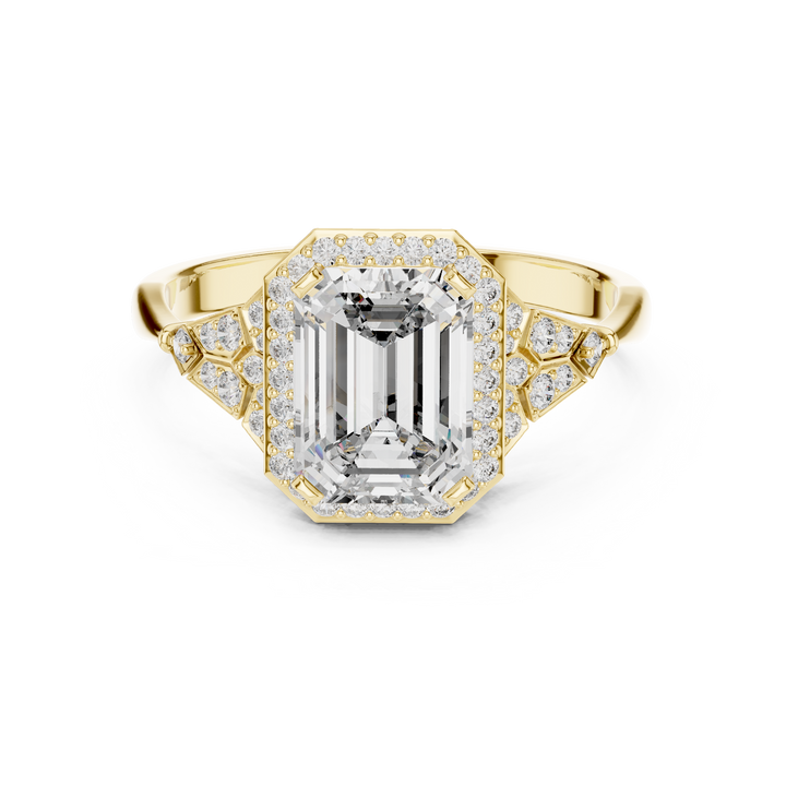 Emerald Cut Diamond Halo Ring with Sculpted Side Stone Accents
