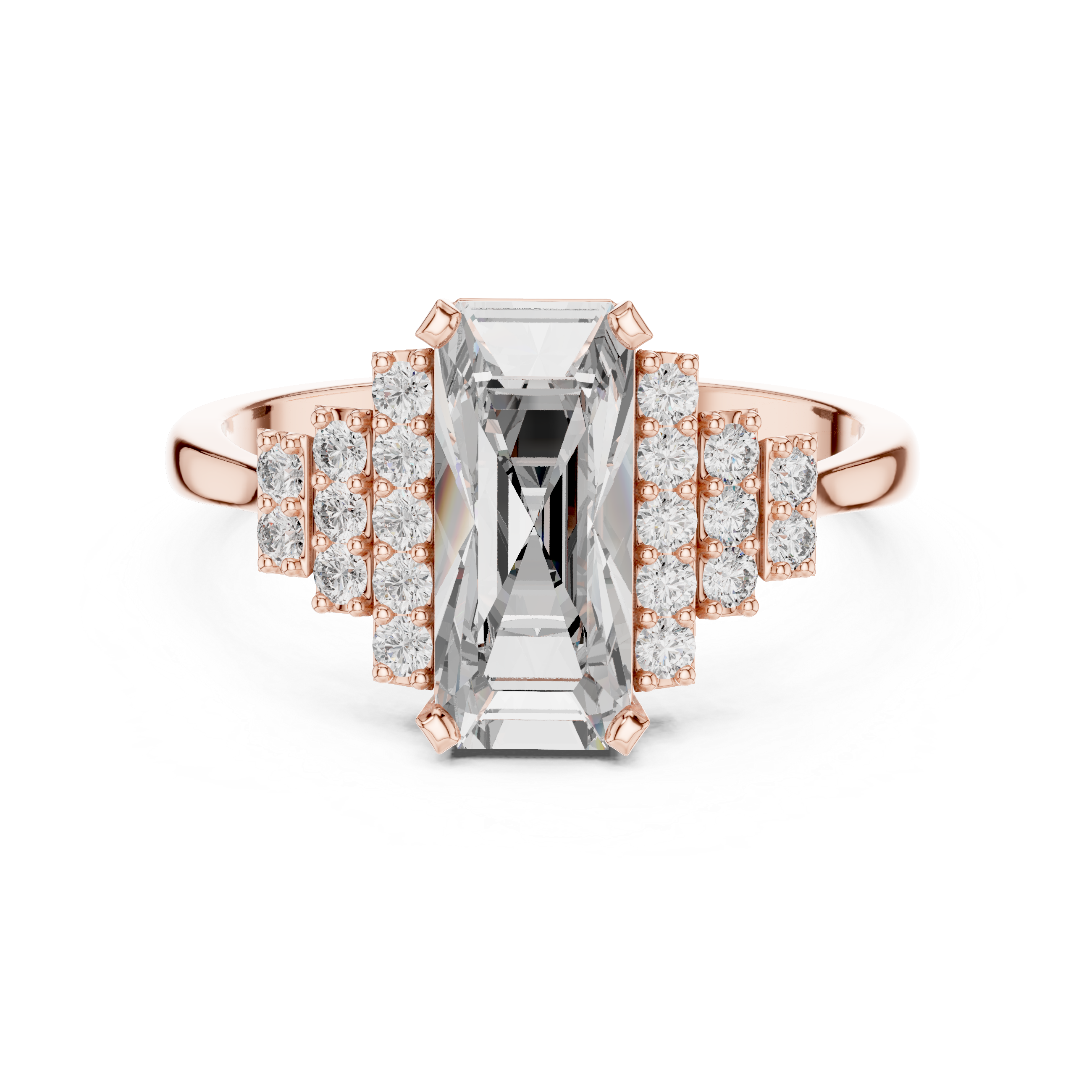 Emerald Cut Diamond Solitaire Ring with Structured Side Stones