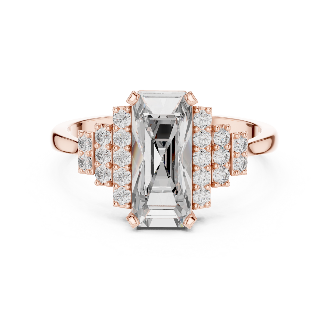 Emerald Cut Diamond Solitaire Ring with Structured Side Stones