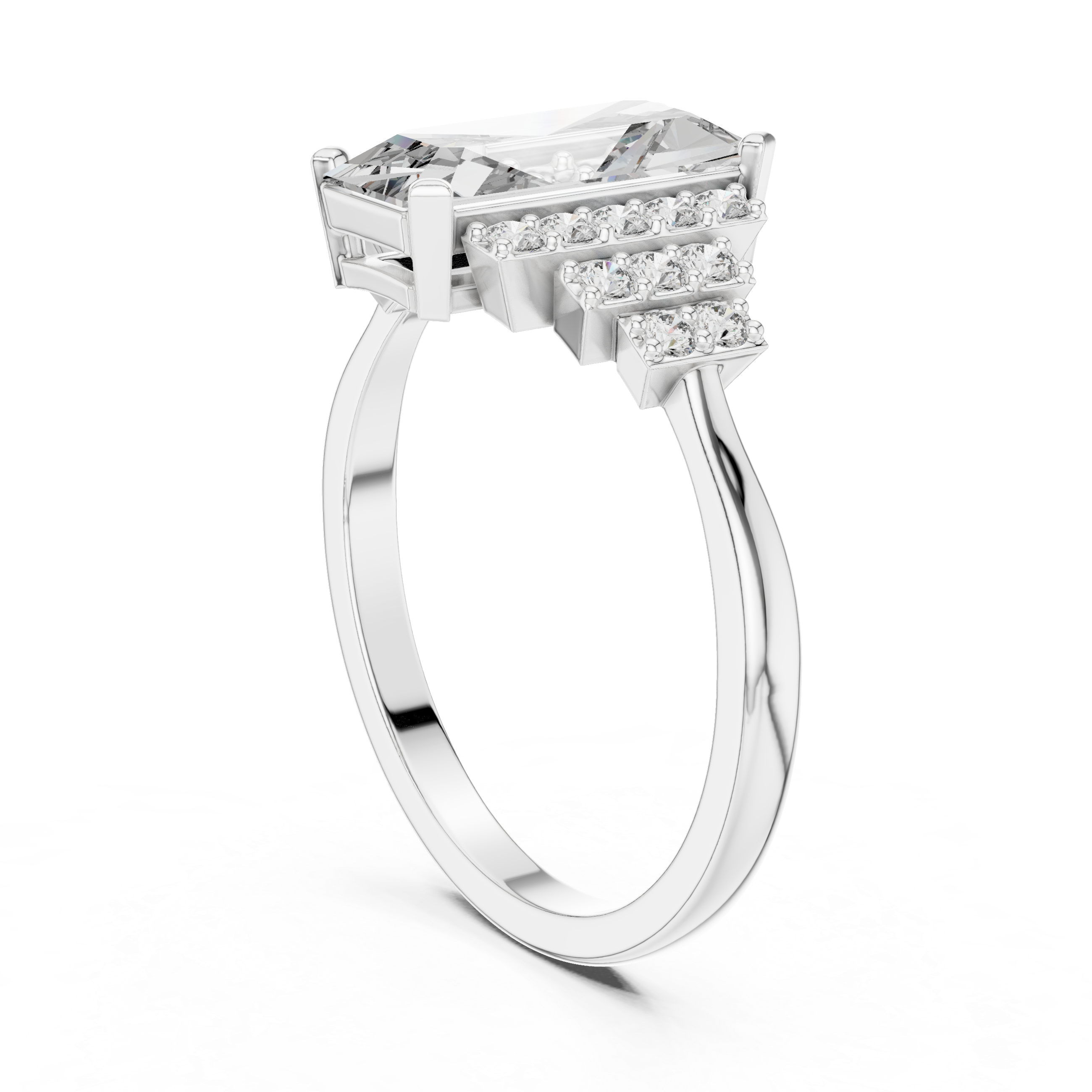 Emerald Cut Diamond Solitaire Ring with Structured Side Stones
