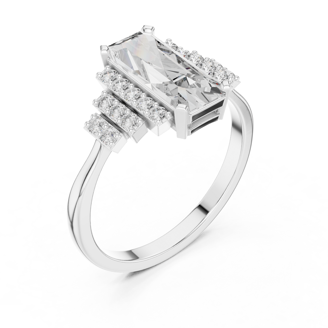 Emerald Cut Diamond Solitaire Ring with Structured Side Stones