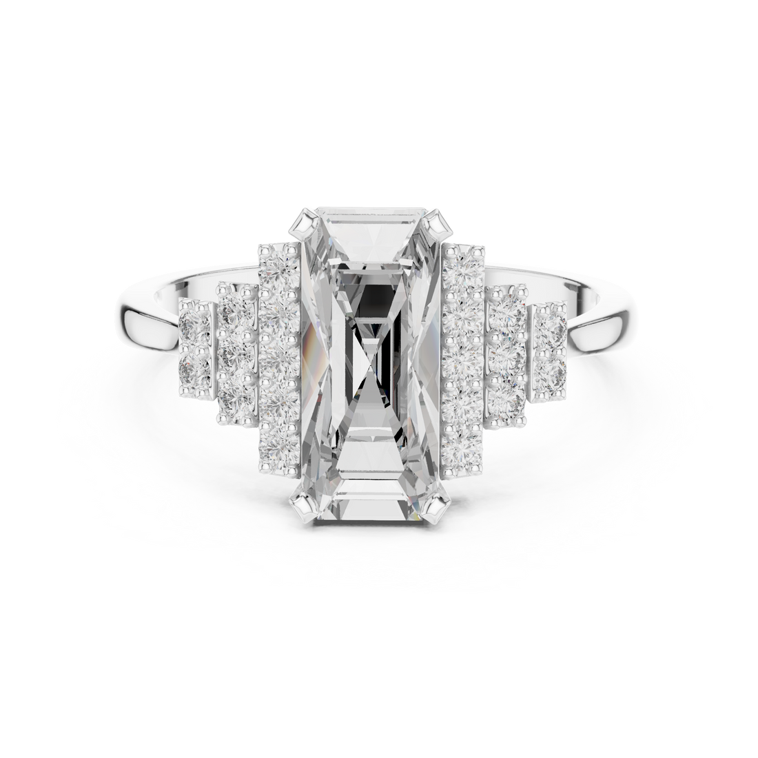 Emerald Cut Diamond Solitaire Ring with Structured Side Stones
