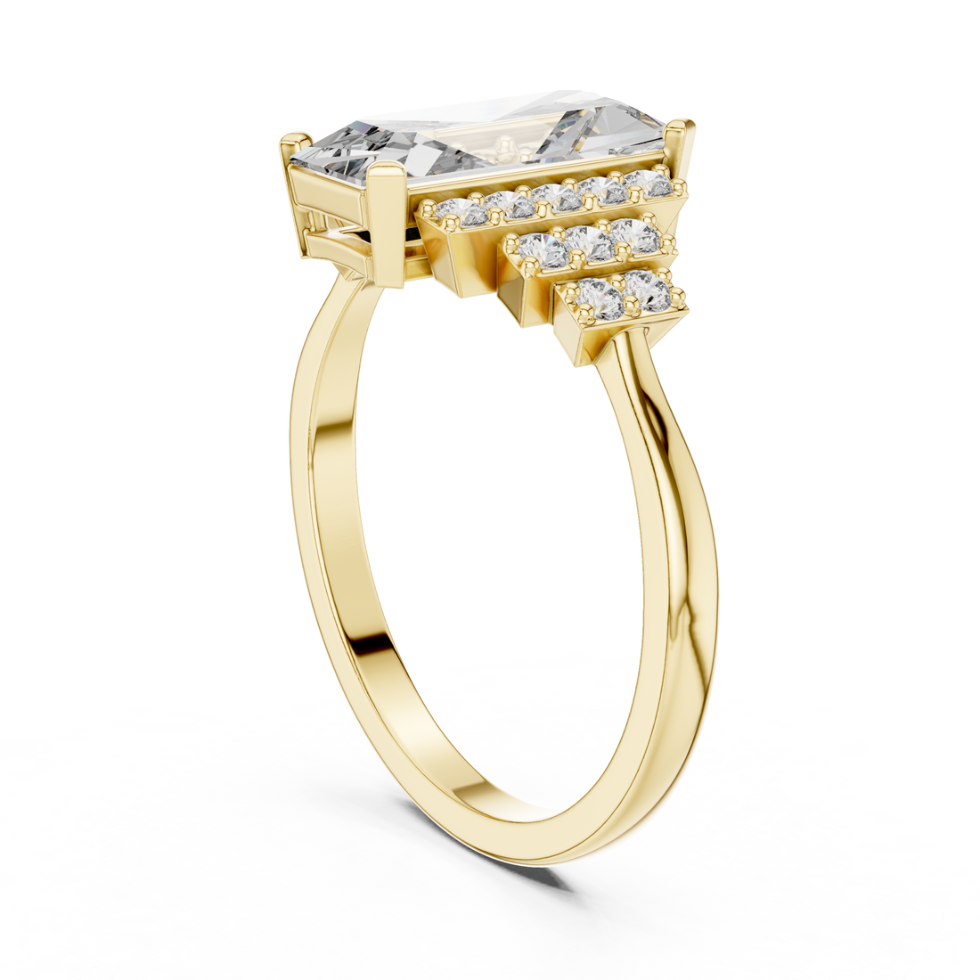 Emerald Cut Diamond Solitaire Ring with Structured Side Stones