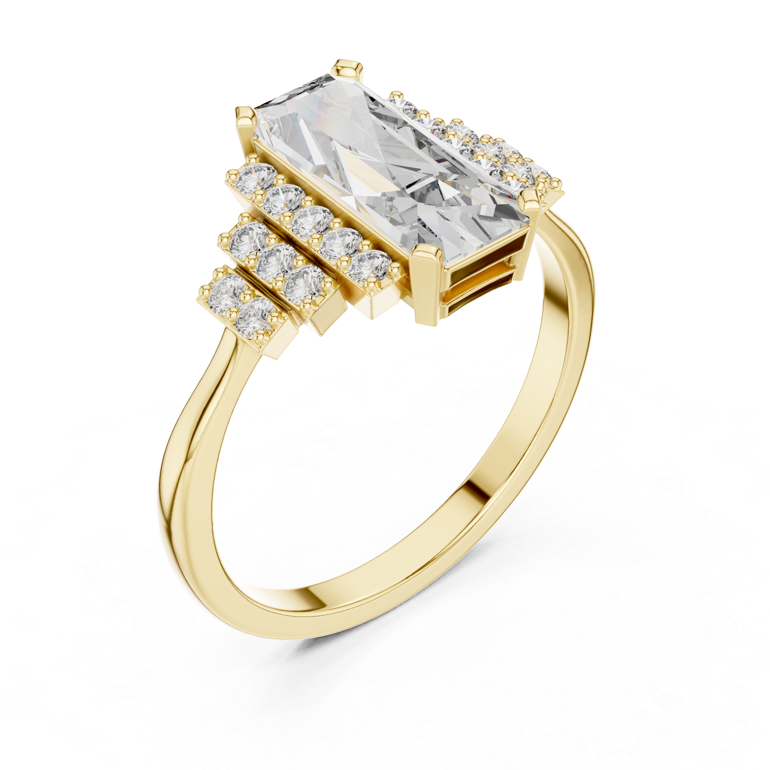 Emerald Cut Diamond Solitaire Ring with Structured Side Stones