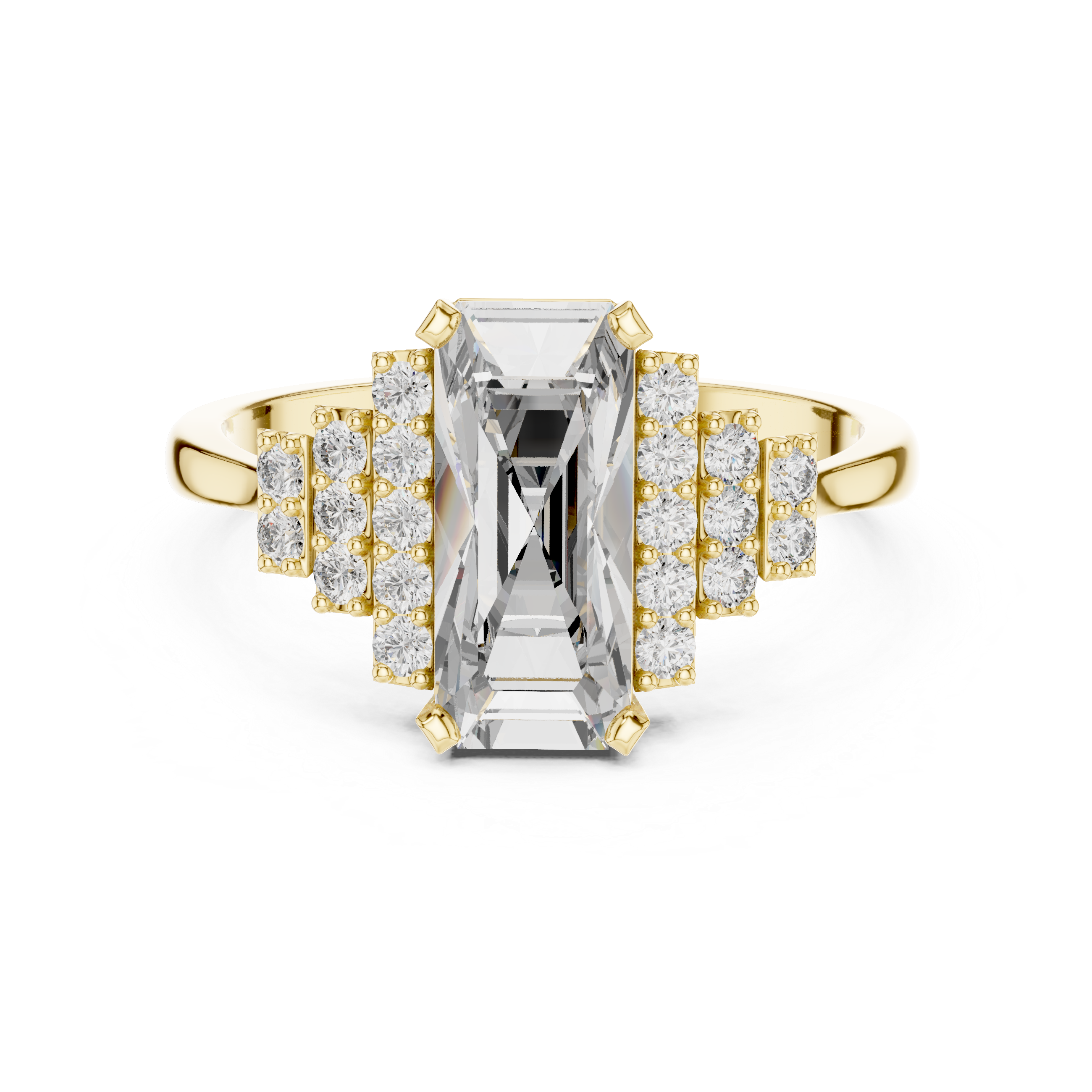 Emerald Cut Diamond Solitaire Ring with Structured Side Stones
