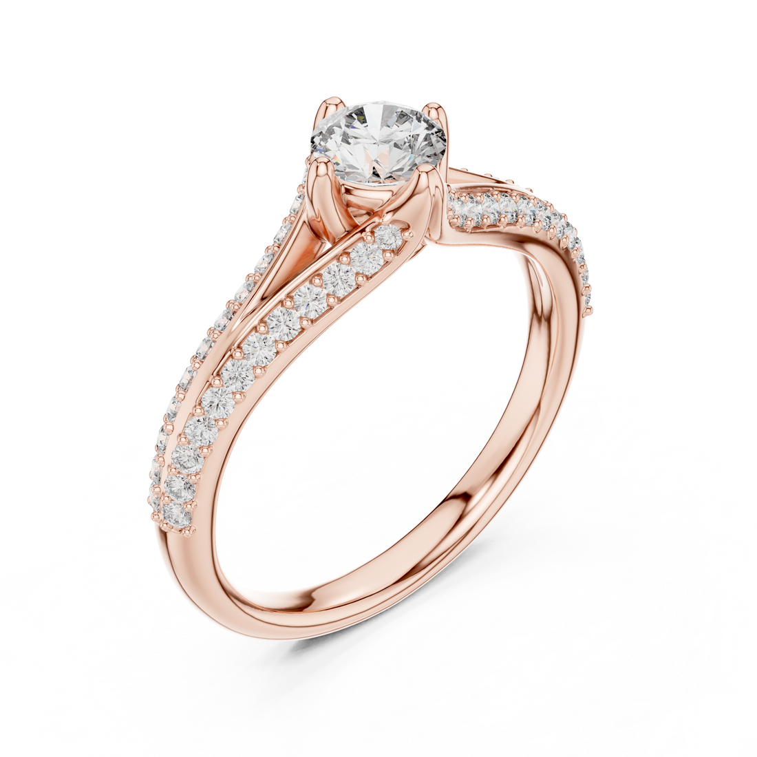 Round Cut Diamond Solitaire Ring with Split Shank Pavé