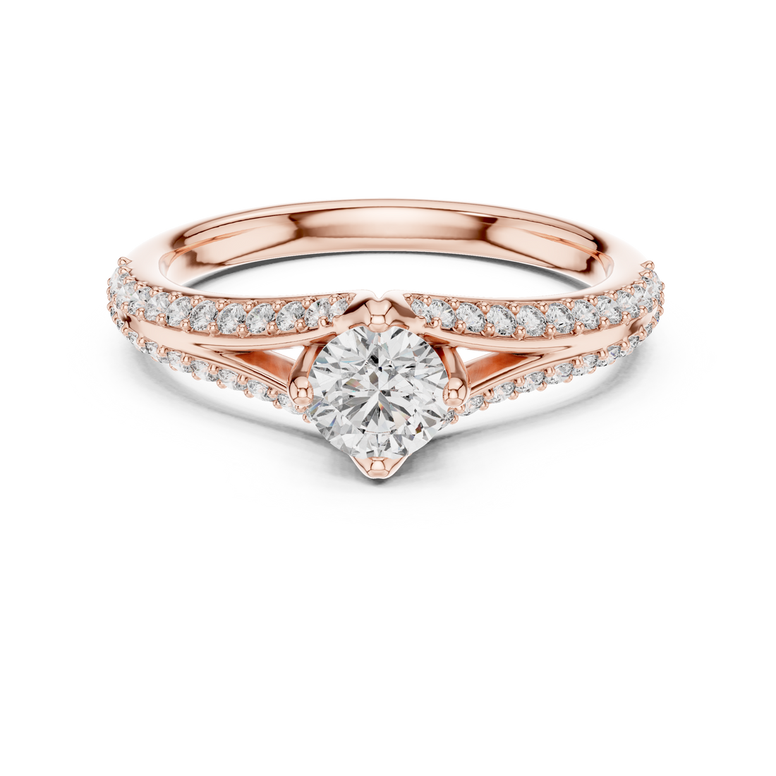 Round Cut Diamond Solitaire Ring with Split Shank Pavé