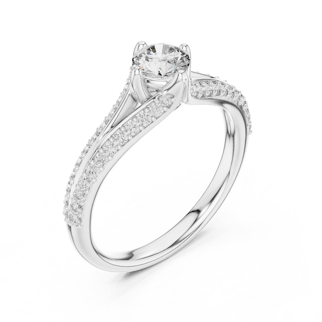 Round Cut Diamond Solitaire Ring with Split Shank Pavé