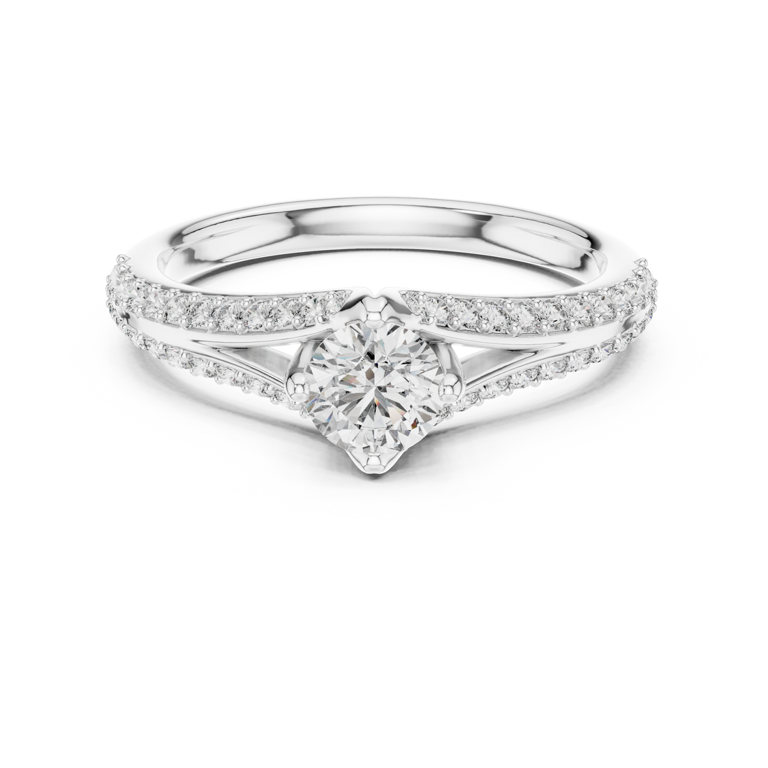 Round Cut Diamond Solitaire Ring with Split Shank Pavé