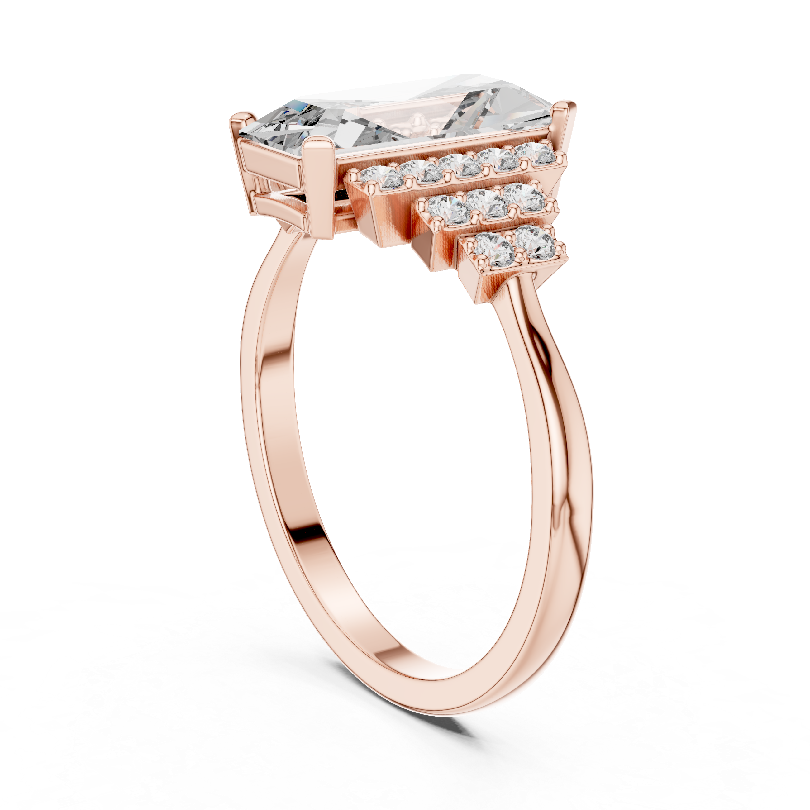 Emerald Cut Diamond Solitaire Ring with Stepped Side Diamonds