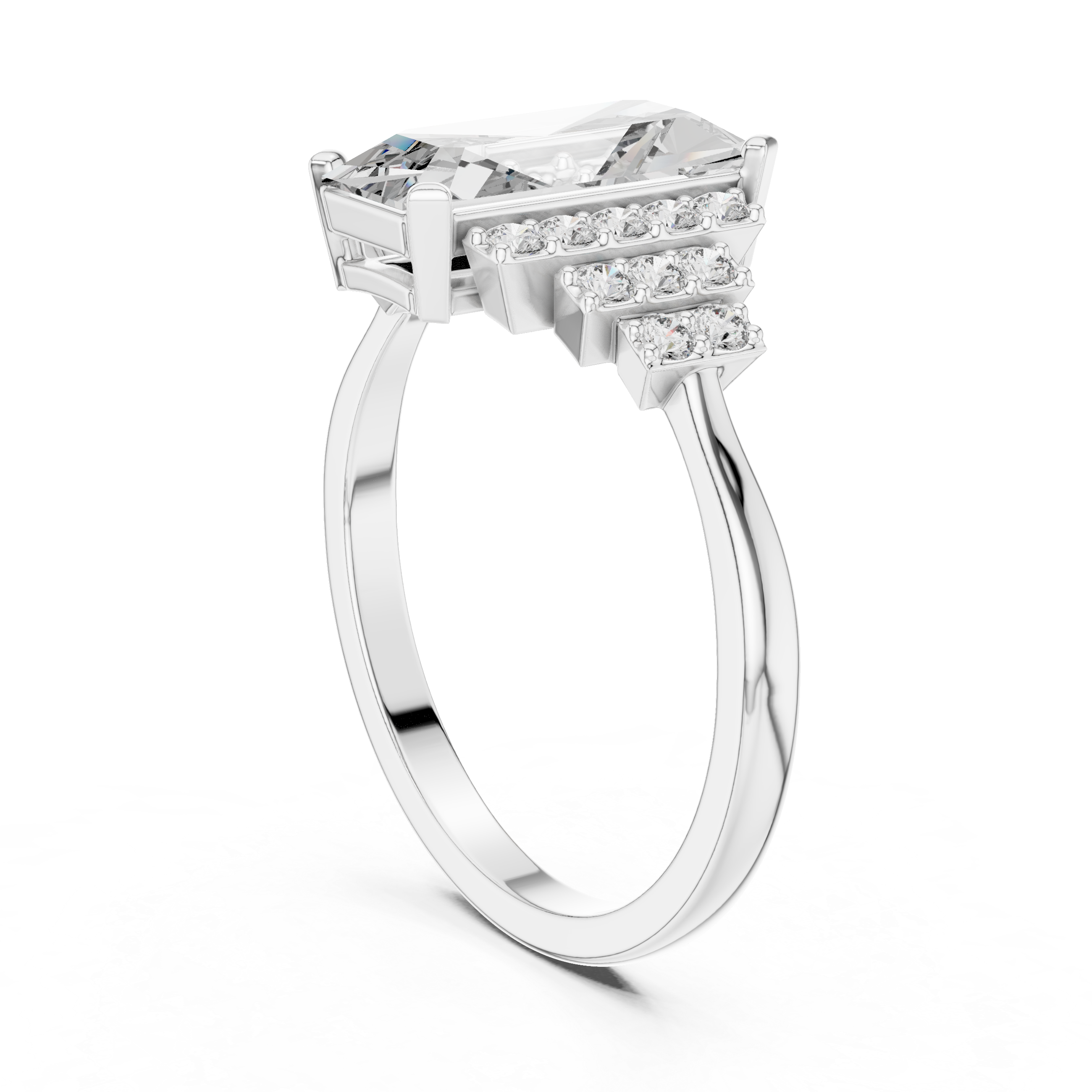 Emerald Cut Diamond Solitaire Ring with Stepped Side Diamonds