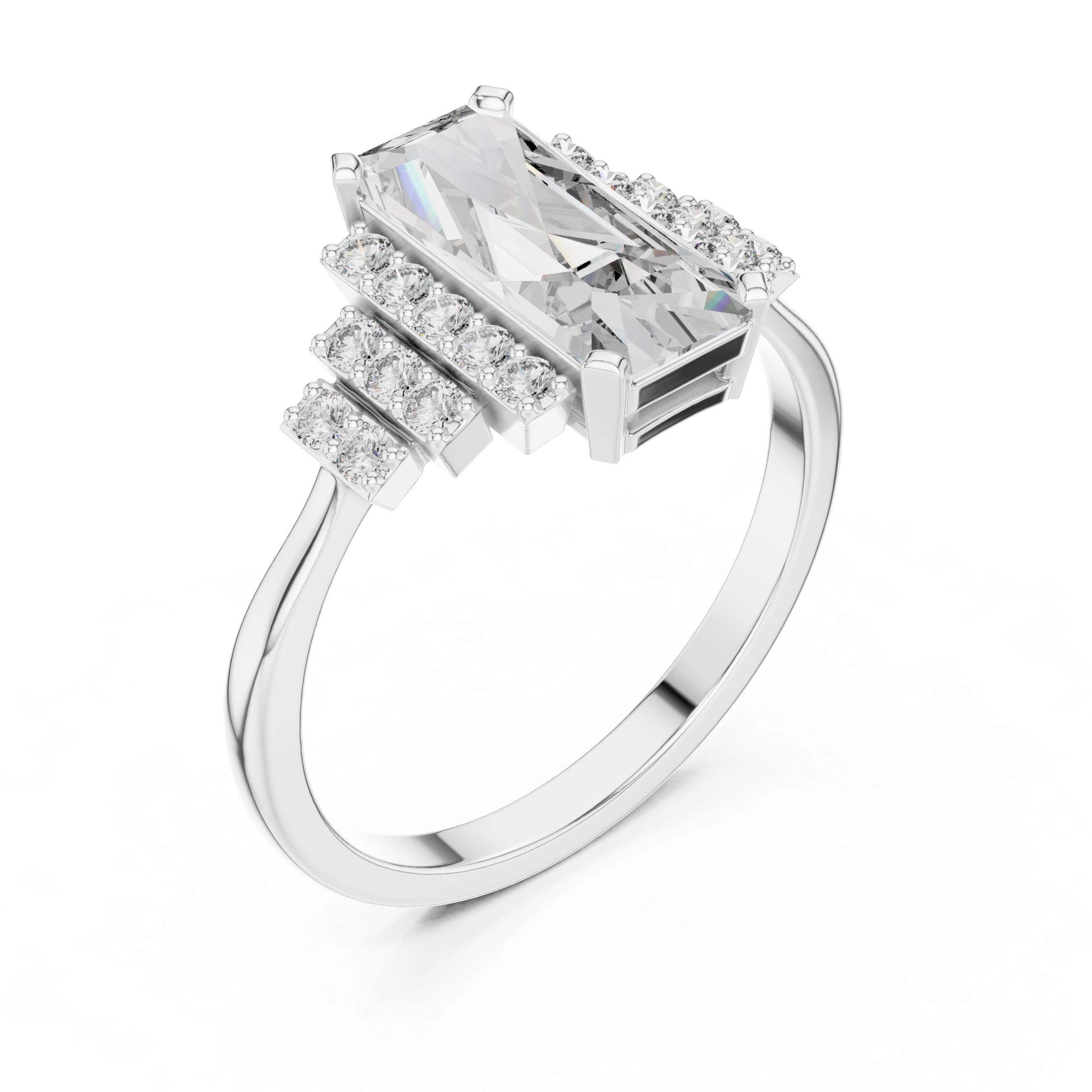 Emerald Cut Diamond Solitaire Ring with Stepped Side Diamonds