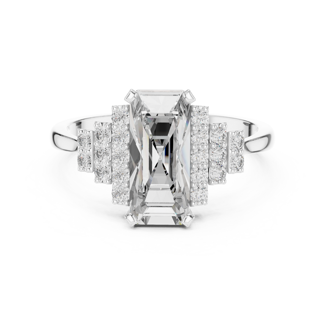Emerald Cut Diamond Solitaire Ring with Stepped Side Diamonds