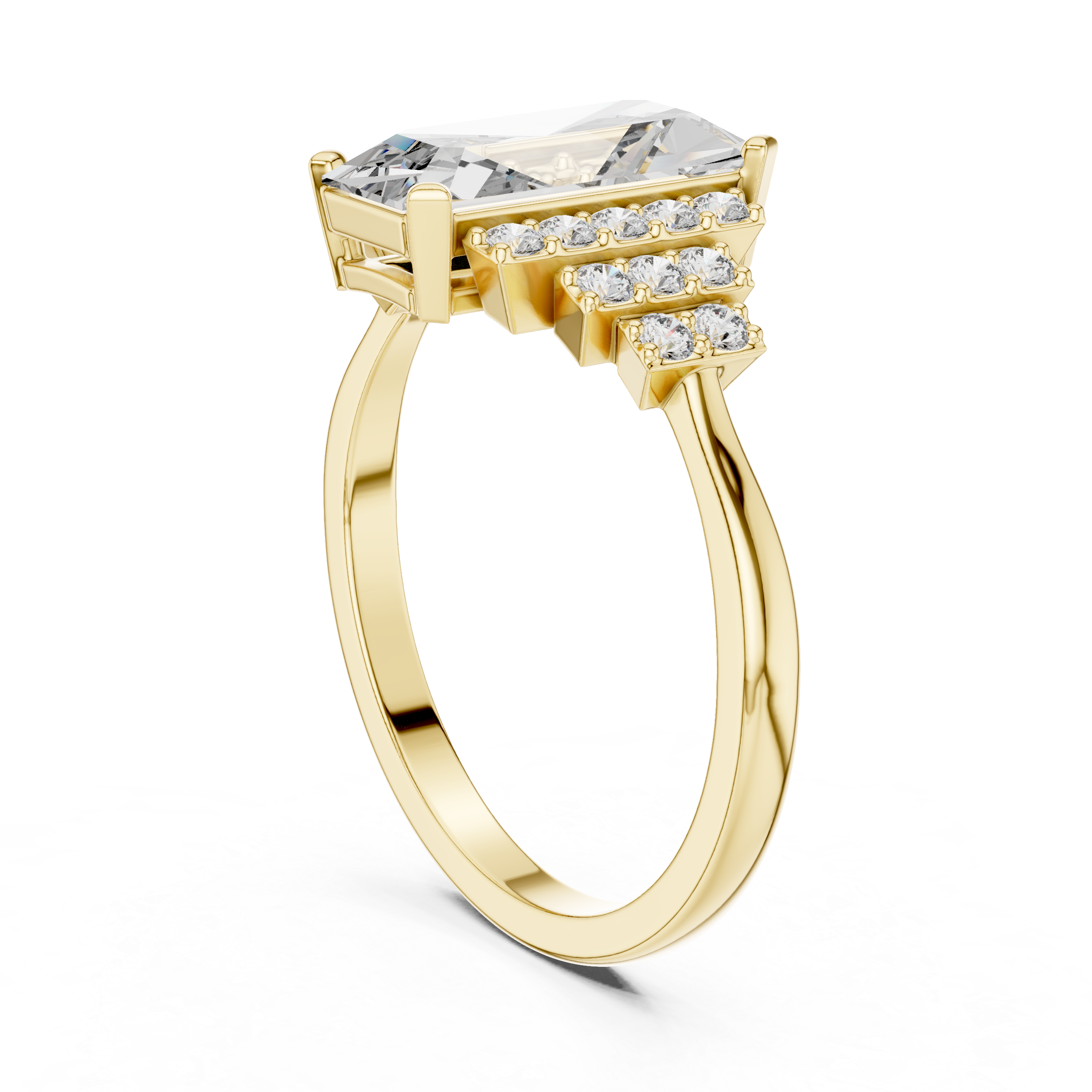 Emerald Cut Diamond Solitaire Ring with Stepped Side Diamonds