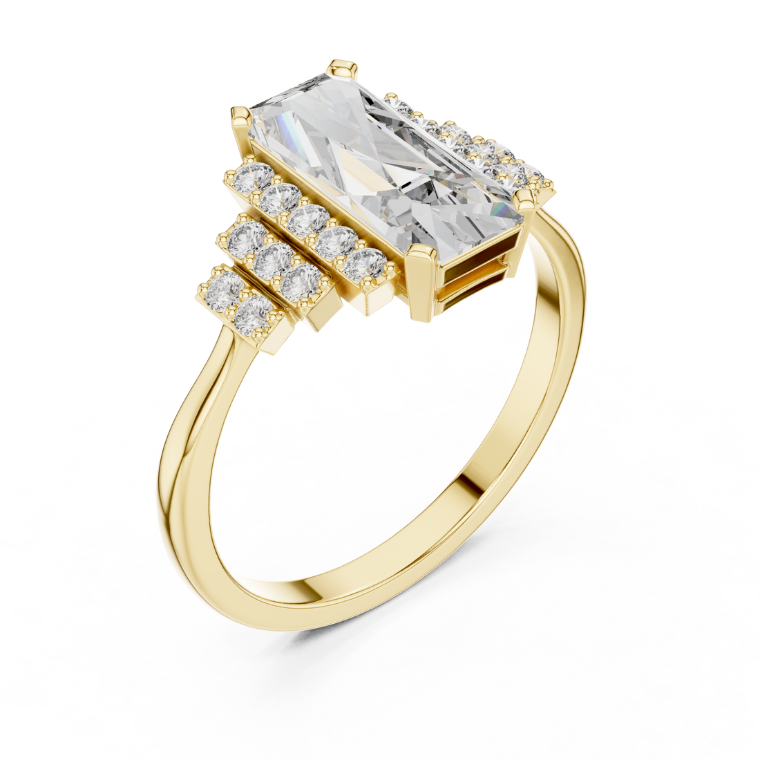 Emerald Cut Diamond Solitaire Ring with Stepped Side Diamonds