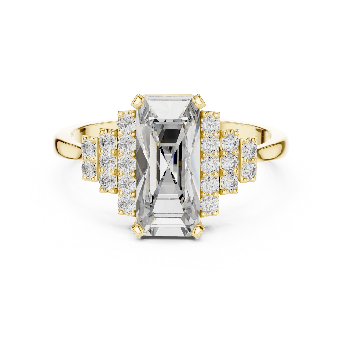 Emerald Cut Diamond Solitaire Ring with Stepped Side Diamonds