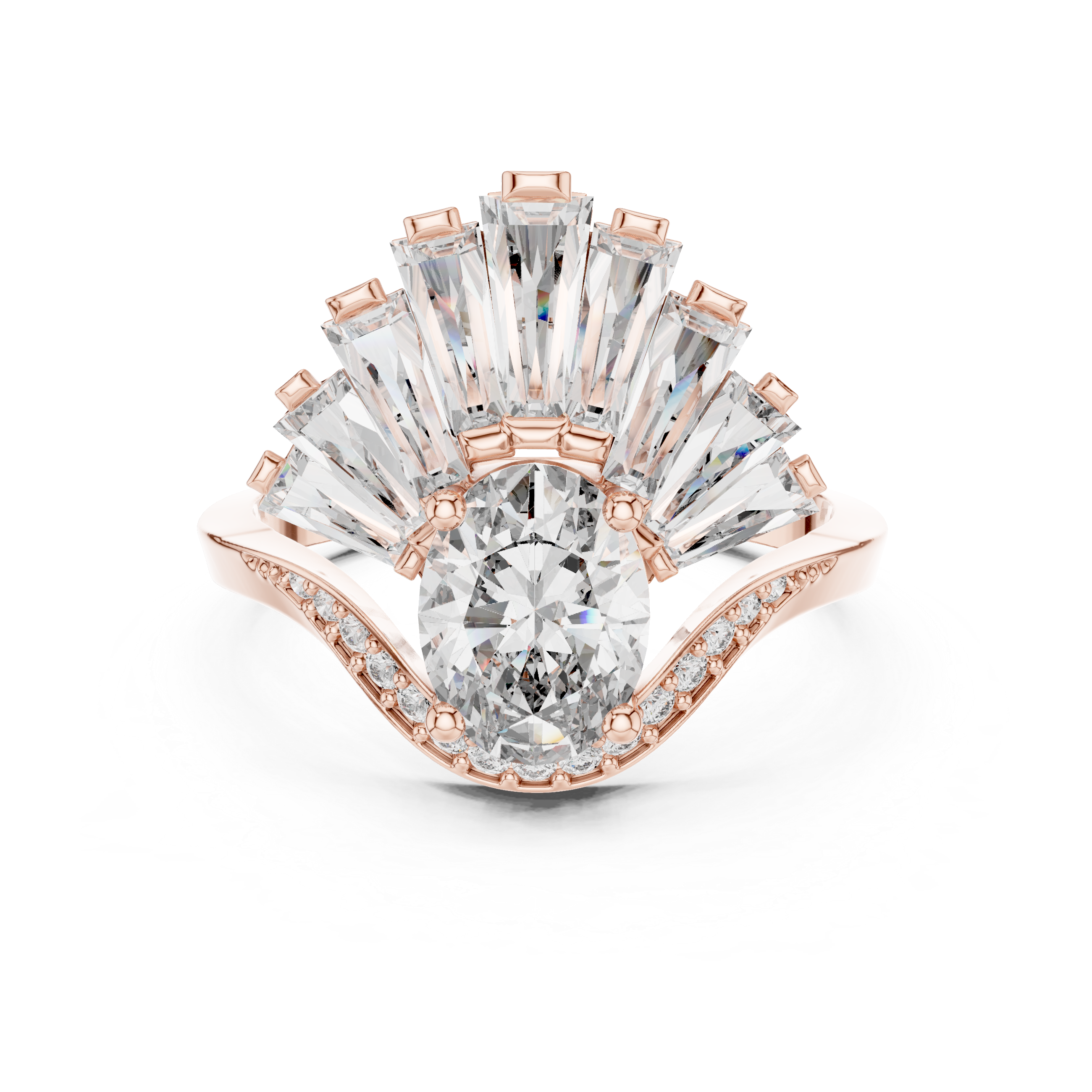 Oval Cut Diamond Halo Ring with Radiant Baguette Fan Crown