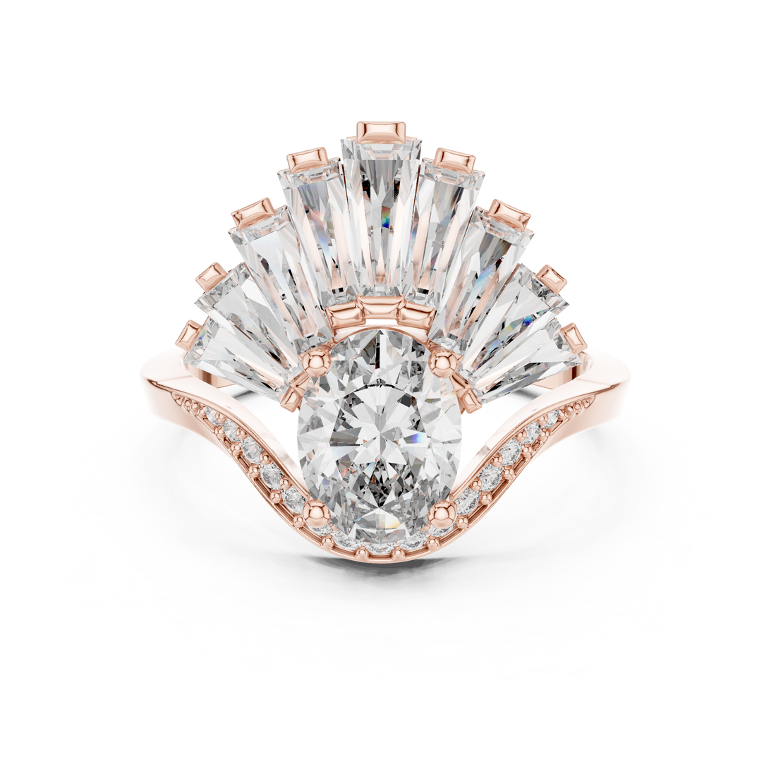 Oval Cut Diamond Halo Ring with Radiant Baguette Fan Crown