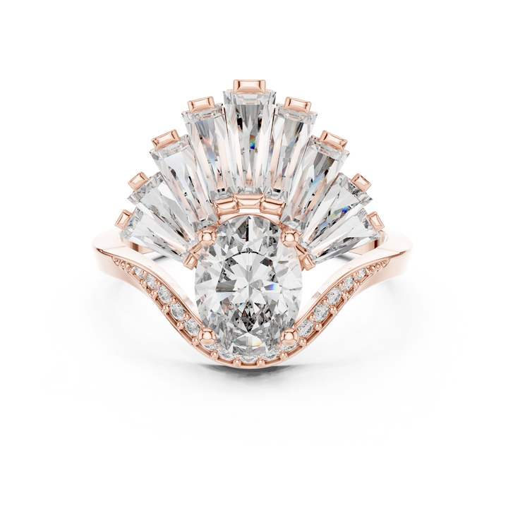 Oval Cut Diamond Halo Ring with Radiant Baguette Fan Crown