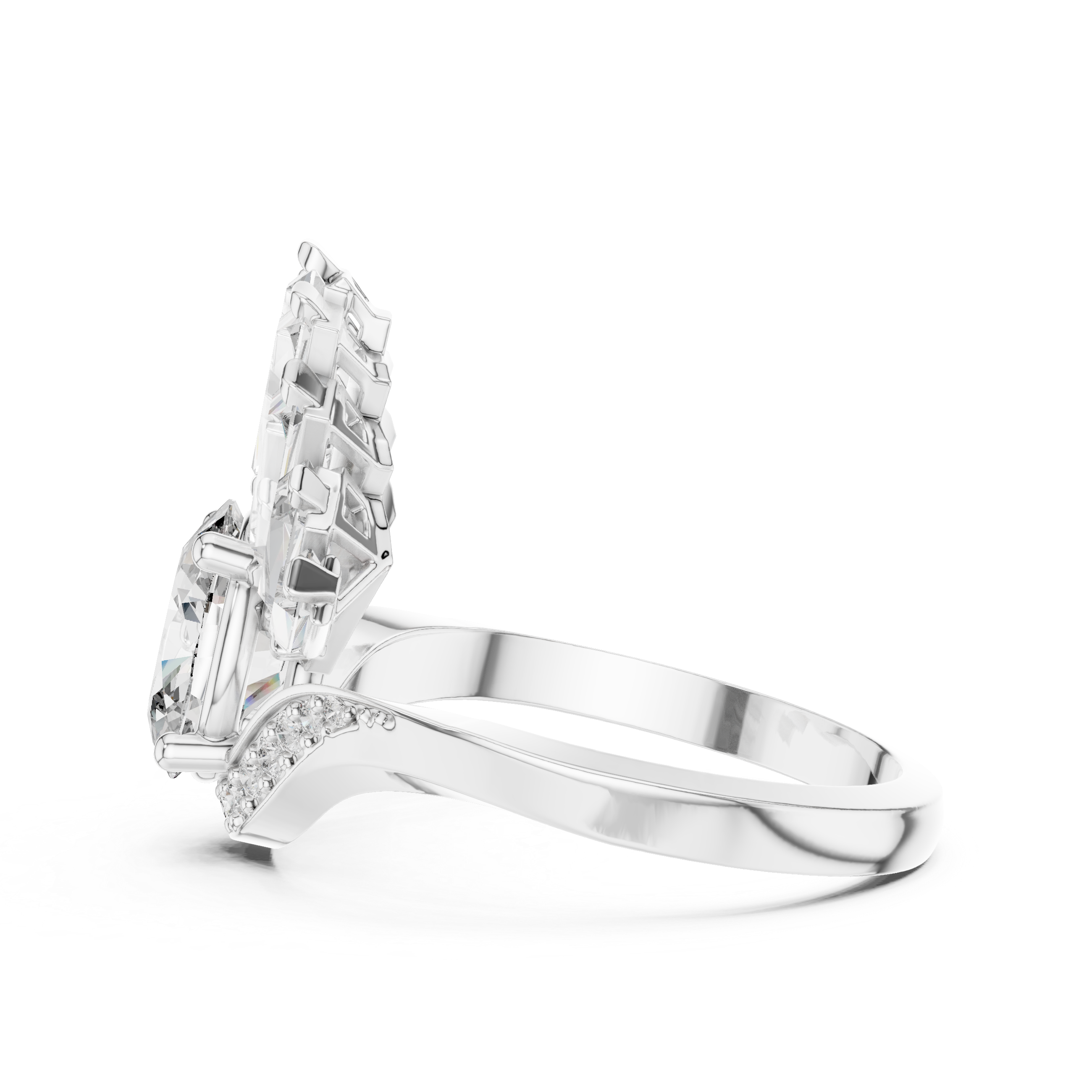 Oval Cut Diamond Halo Ring with Radiant Baguette Fan Crown