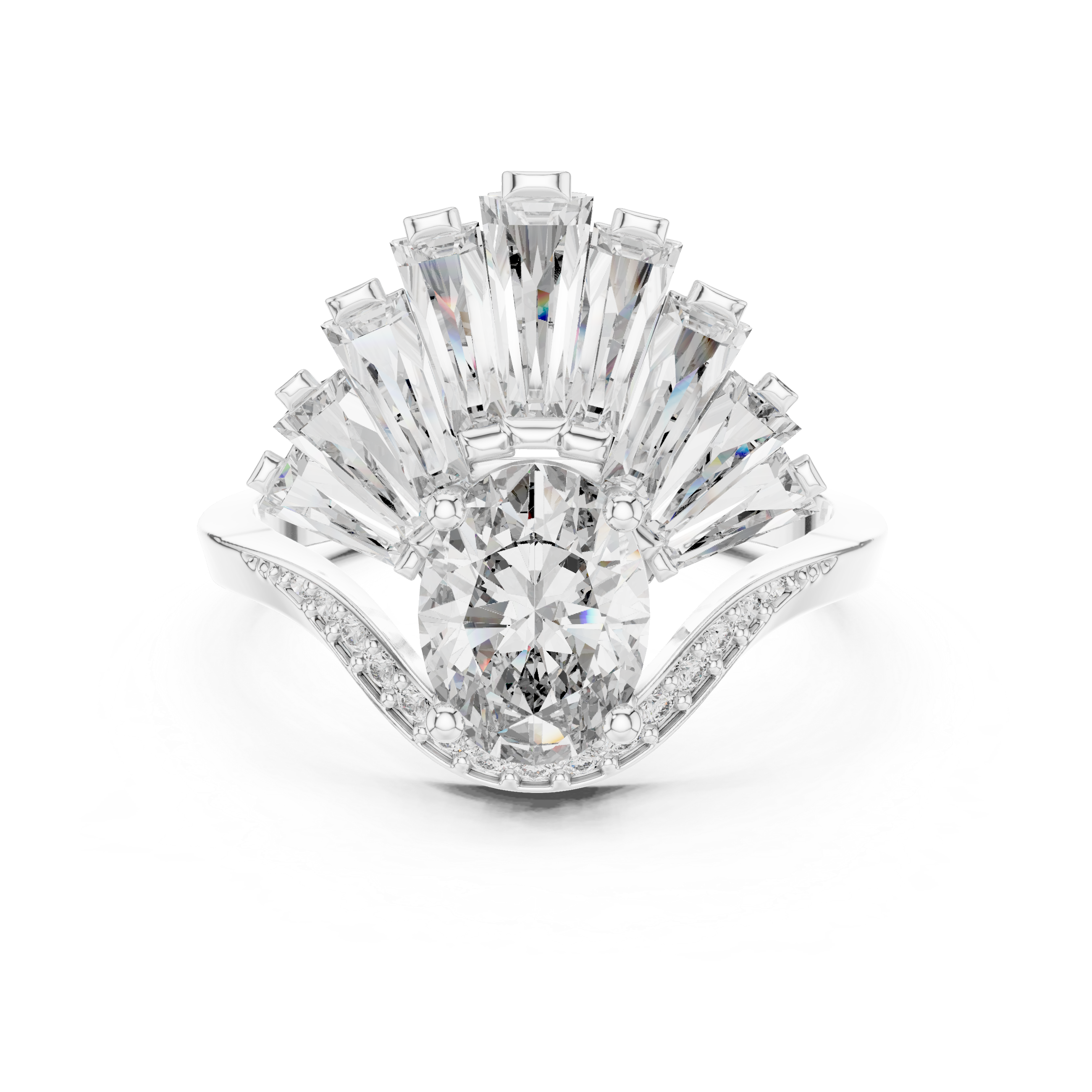 Oval Cut Diamond Halo Ring with Radiant Baguette Fan Crown