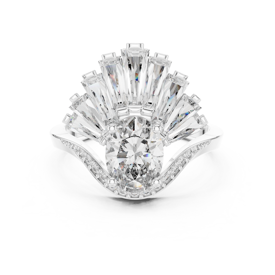 Oval Cut Diamond Halo Ring with Radiant Baguette Fan Crown