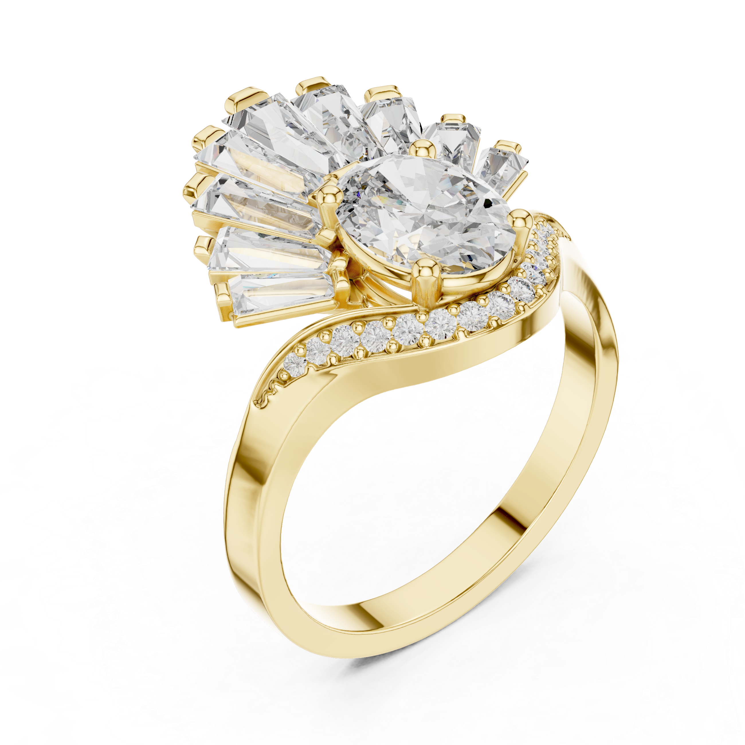 Oval Cut Diamond Halo Ring with Radiant Baguette Fan Crown