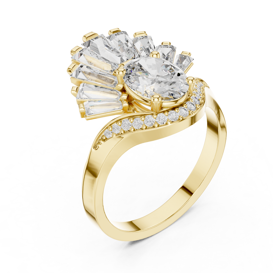 Oval Cut Diamond Halo Ring with Radiant Baguette Fan Crown