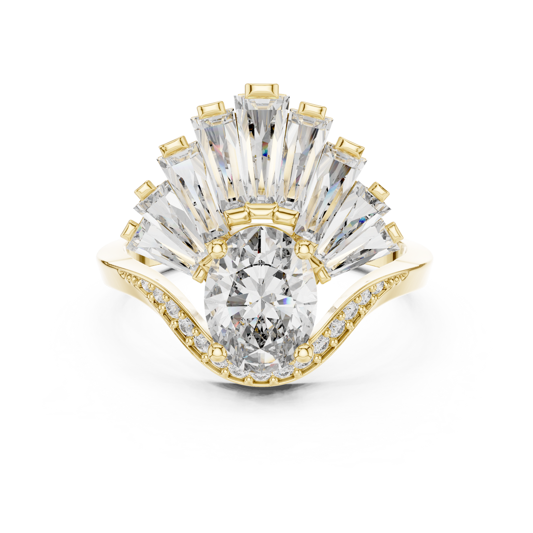 Oval Cut Diamond Halo Ring with Radiant Baguette Fan Crown