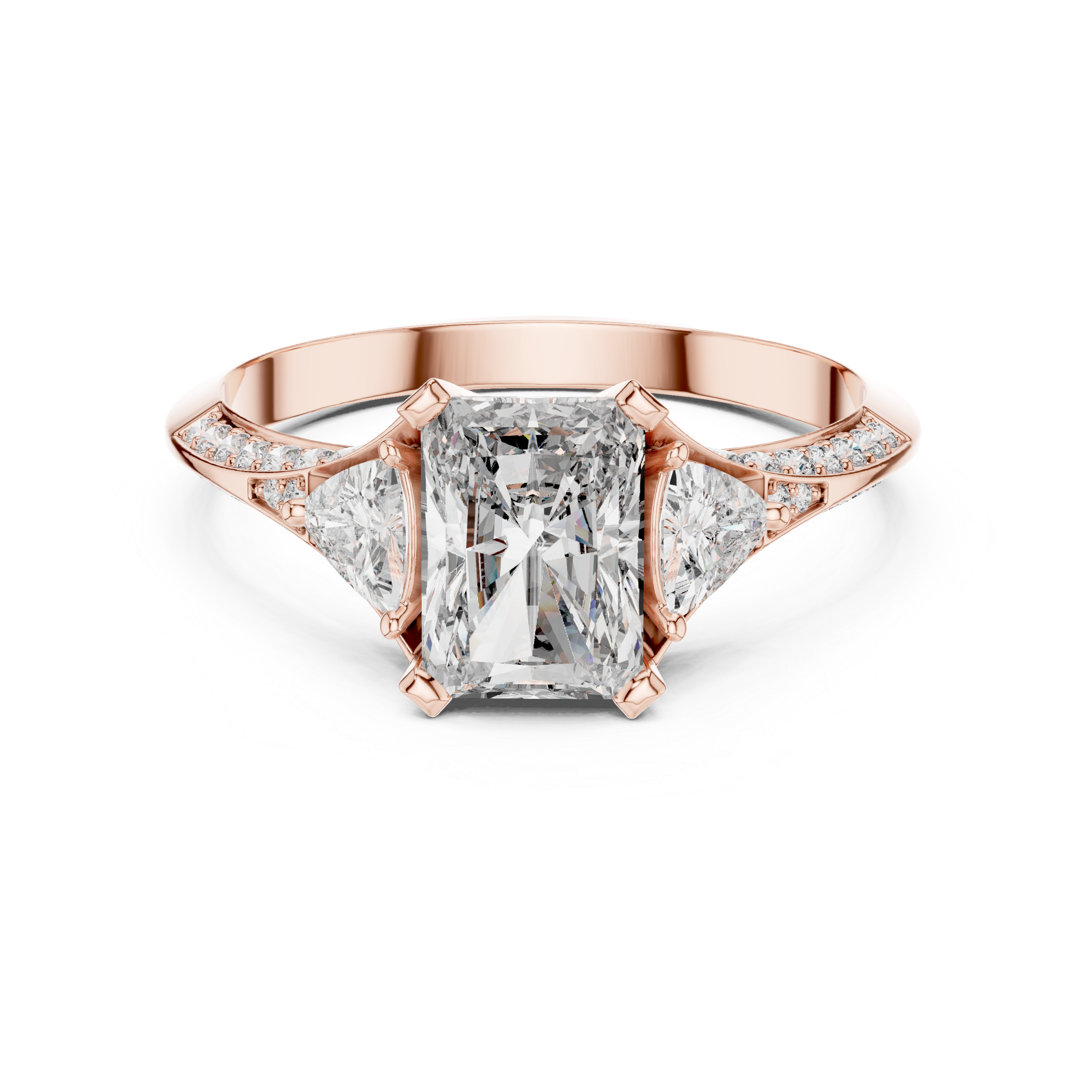 Radiant Cut Diamond Three Stone Ring with Tapered Side Stones