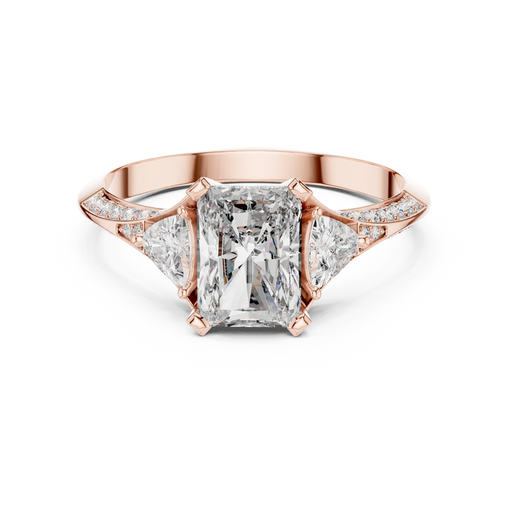 Radiant Cut Diamond Three Stone Ring with Tapered Side Stones