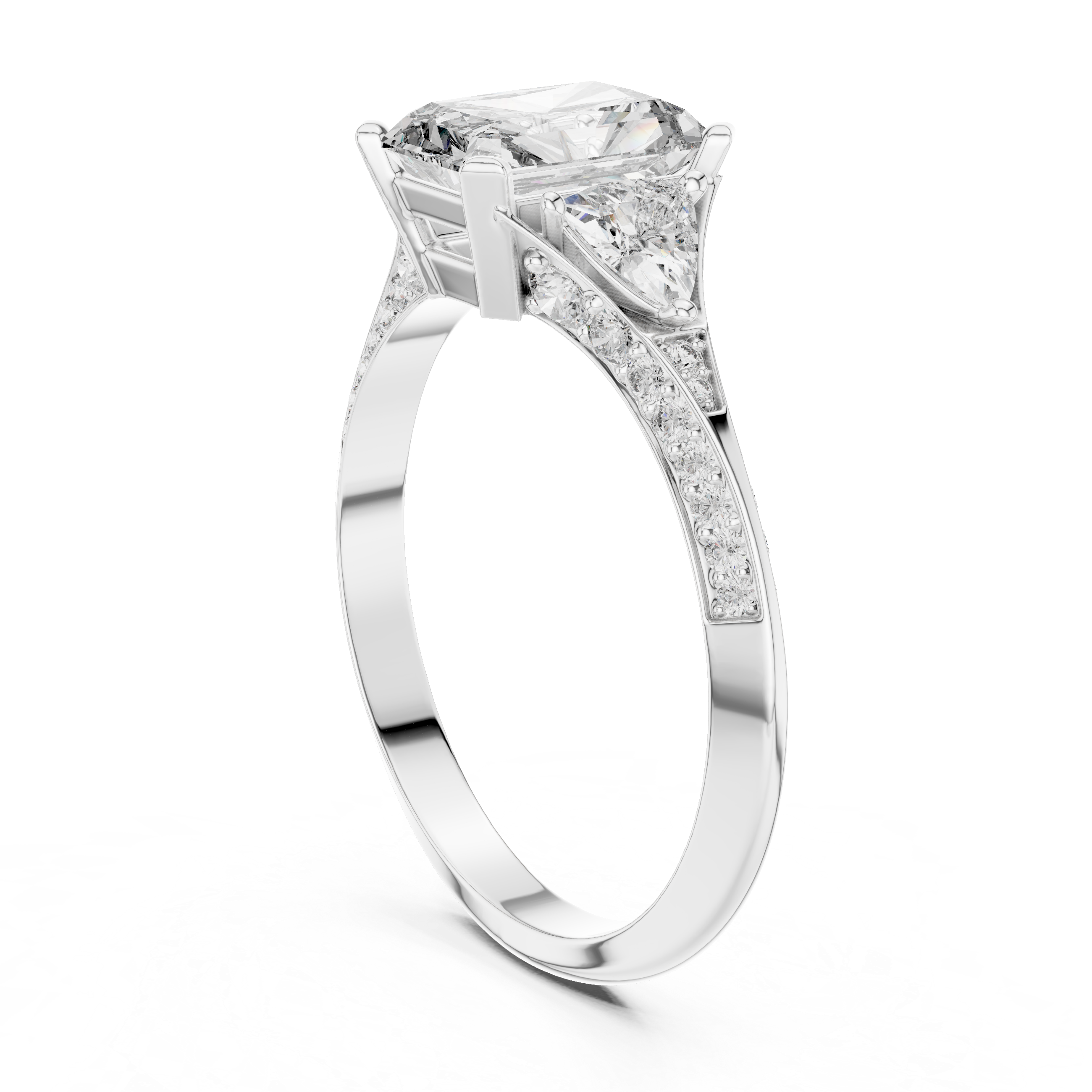 Radiant Cut Diamond Three Stone Ring with Tapered Side Stones