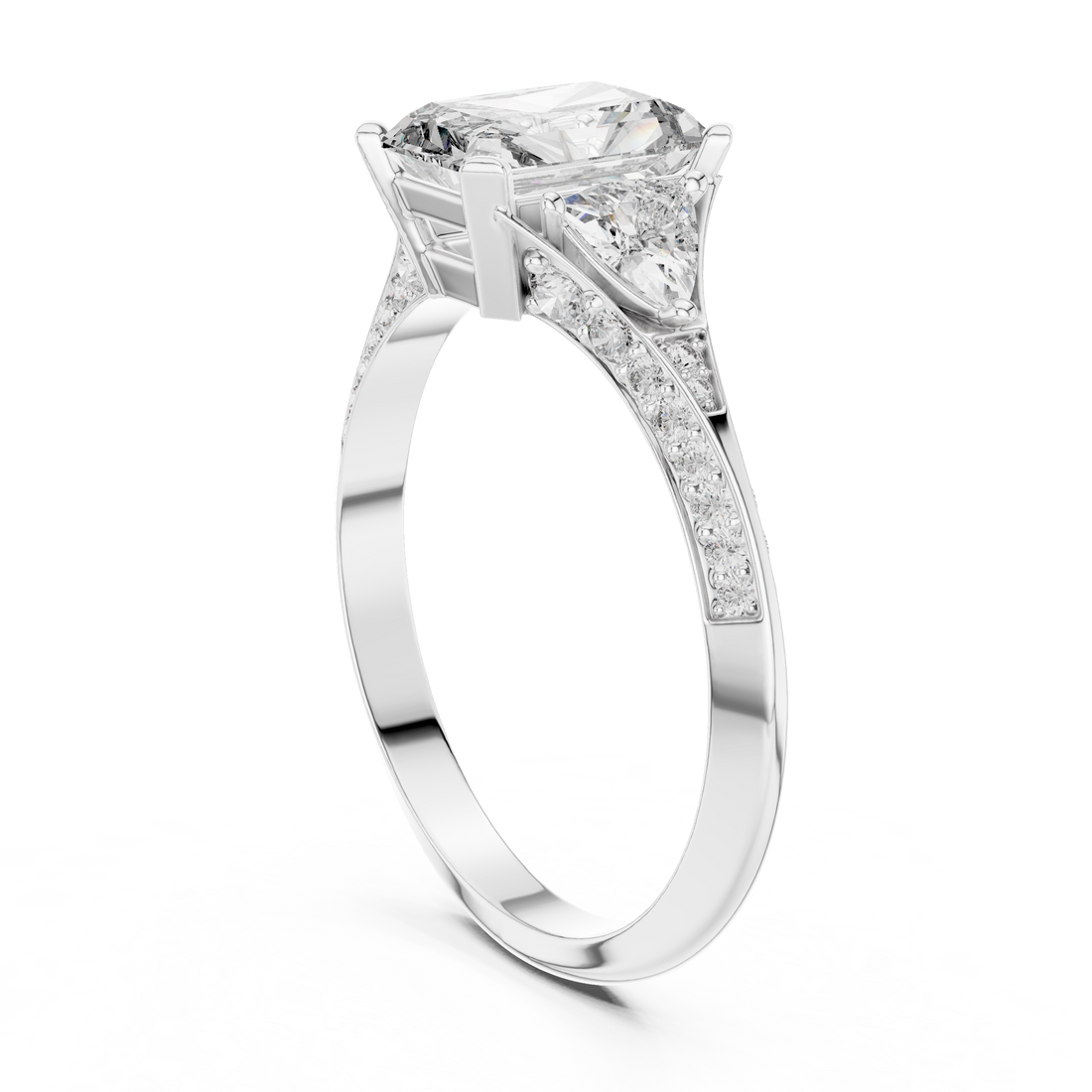 Radiant Cut Diamond Three Stone Ring with Tapered Side Stones