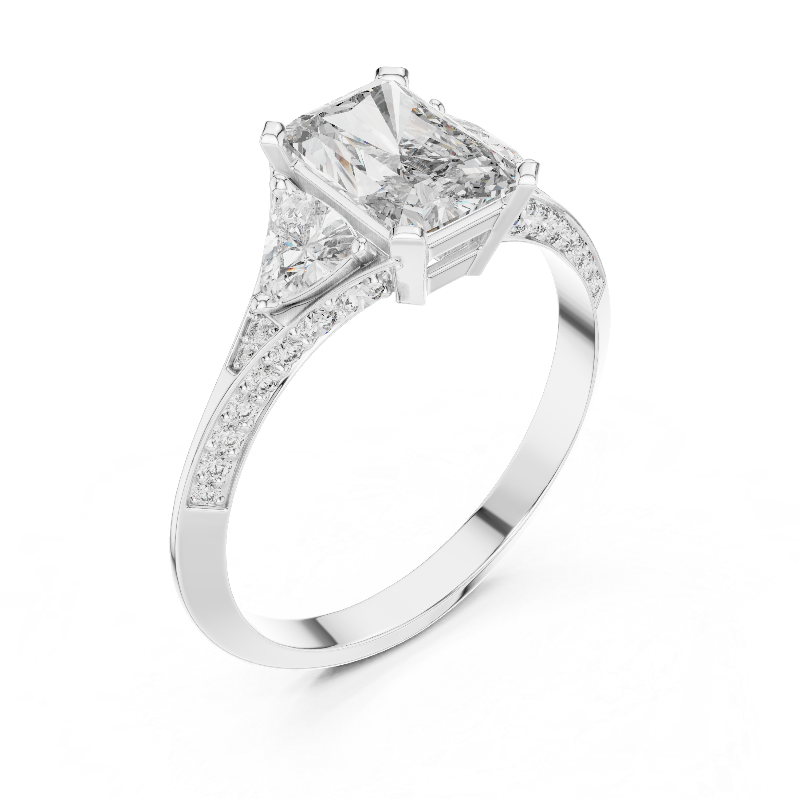 Radiant Cut Diamond Three Stone Ring with Tapered Side Stones