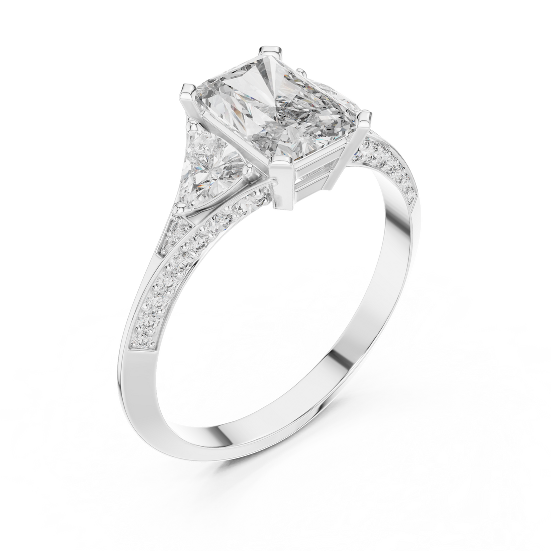Radiant Cut Diamond Three Stone Ring with Tapered Side Stones