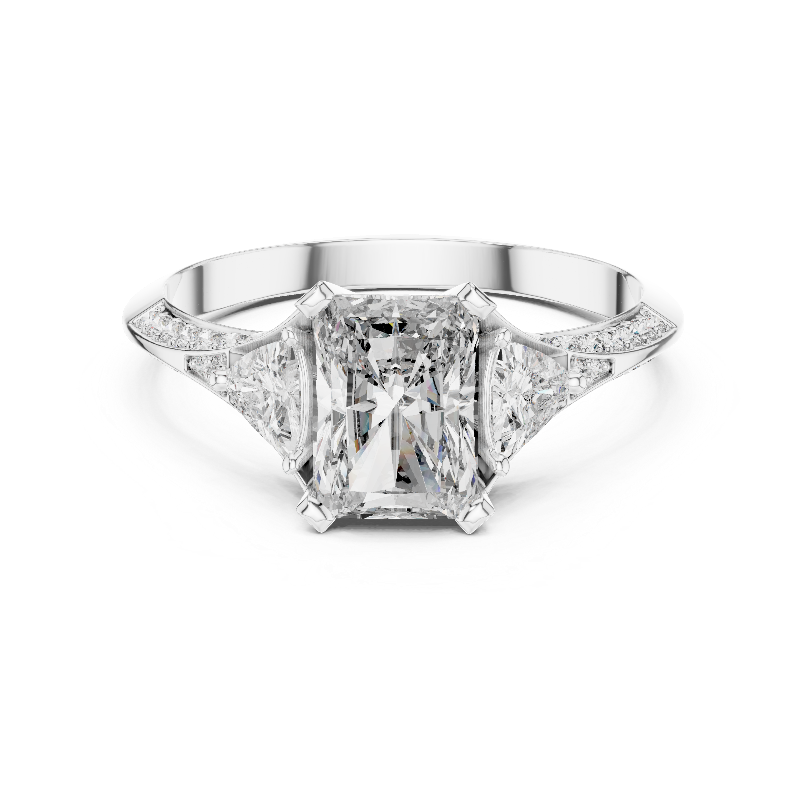Radiant Cut Diamond Three Stone Ring with Tapered Side Stones