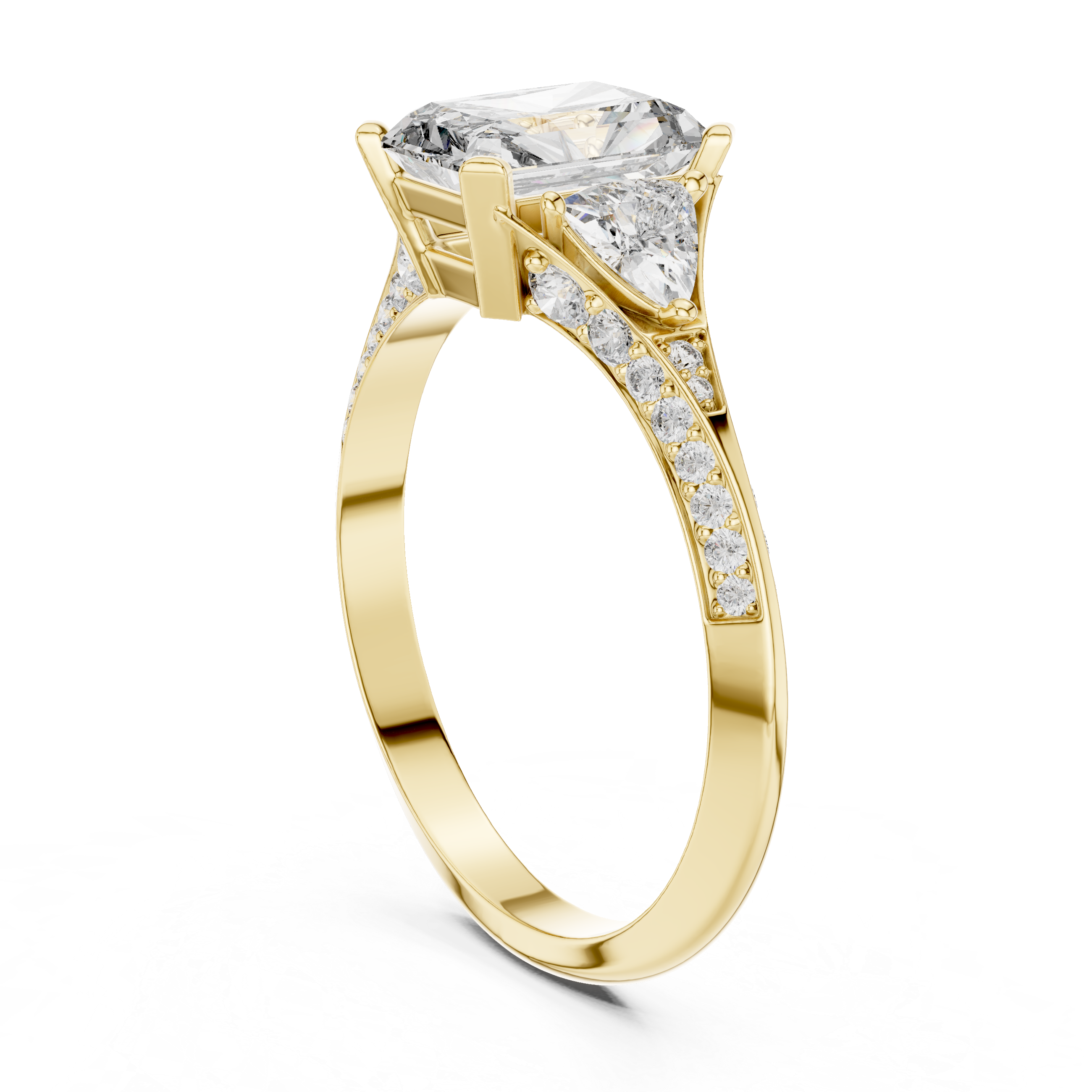 Radiant Cut Diamond Three Stone Ring with Tapered Side Stones