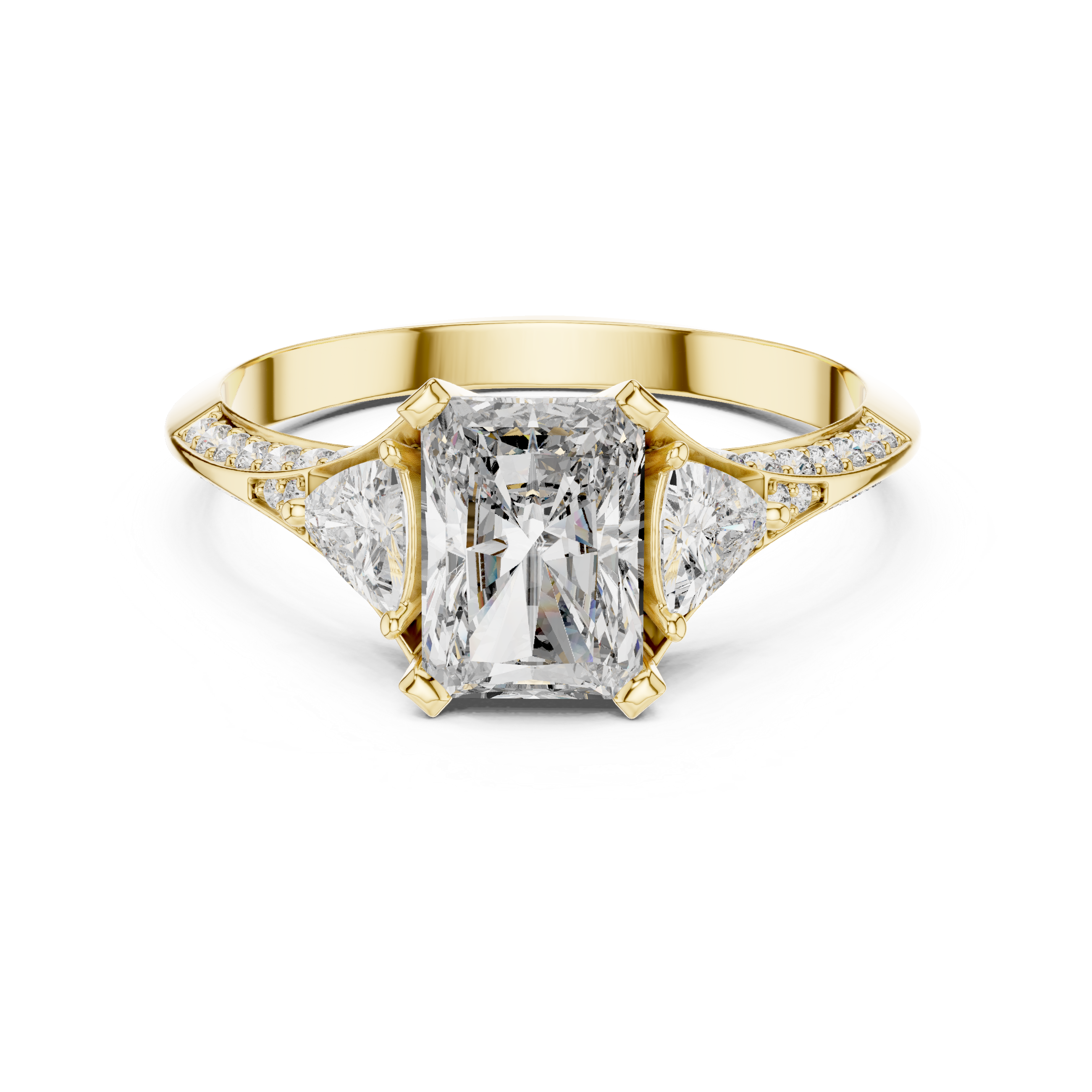 Radiant Cut Diamond Three Stone Ring with Tapered Side Stones