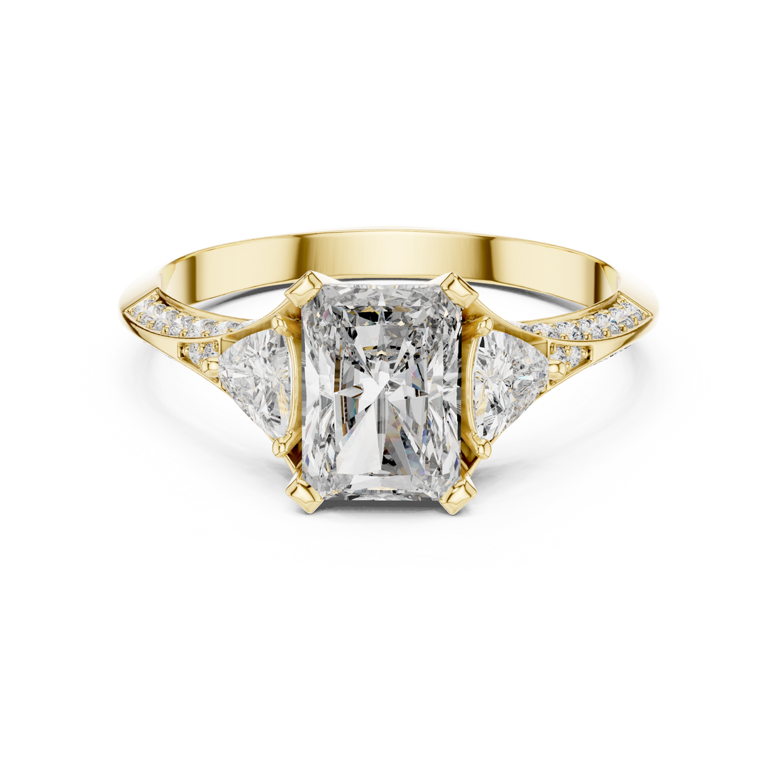 Radiant Cut Diamond Three Stone Ring with Tapered Side Stones